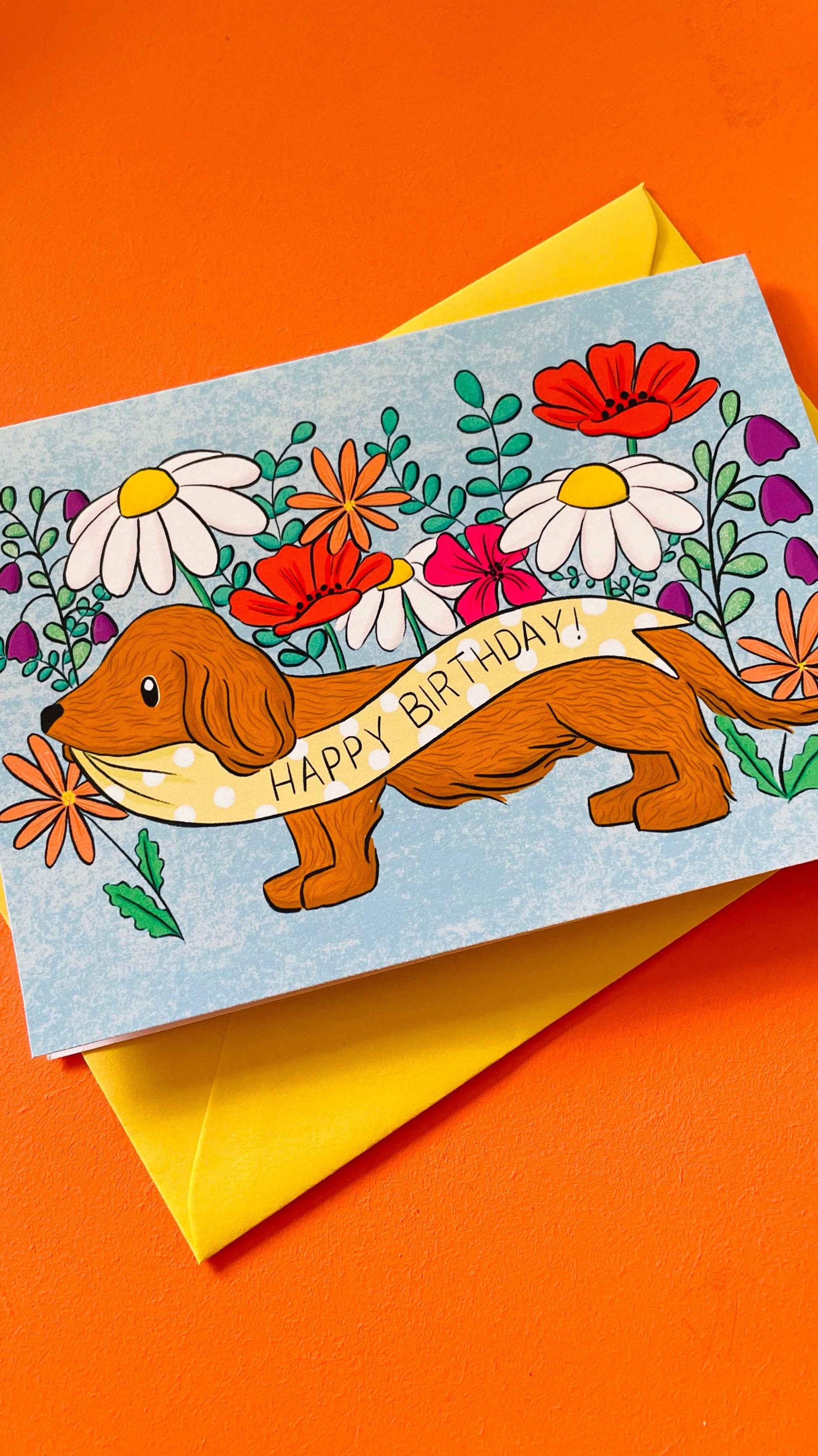 Dachshund Birthday Card with Wildflowers