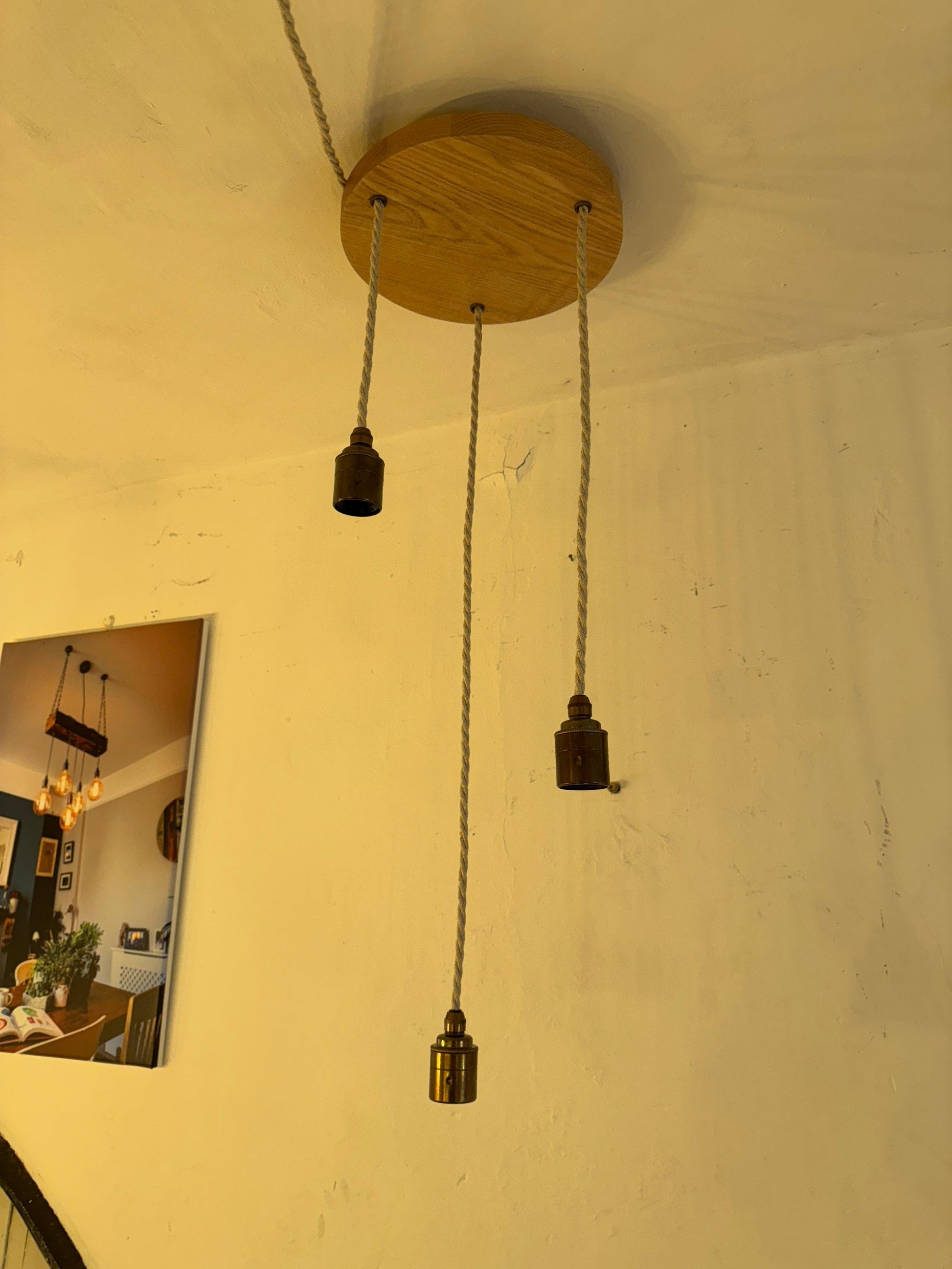 Triple Pendant Light with Oak Disc Canopy