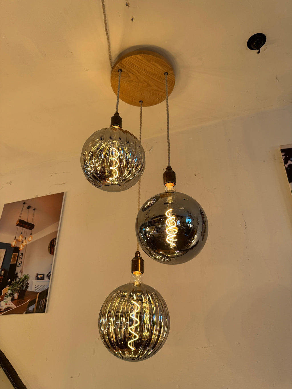 Triple Pendant Light with Oak Disc Canopy