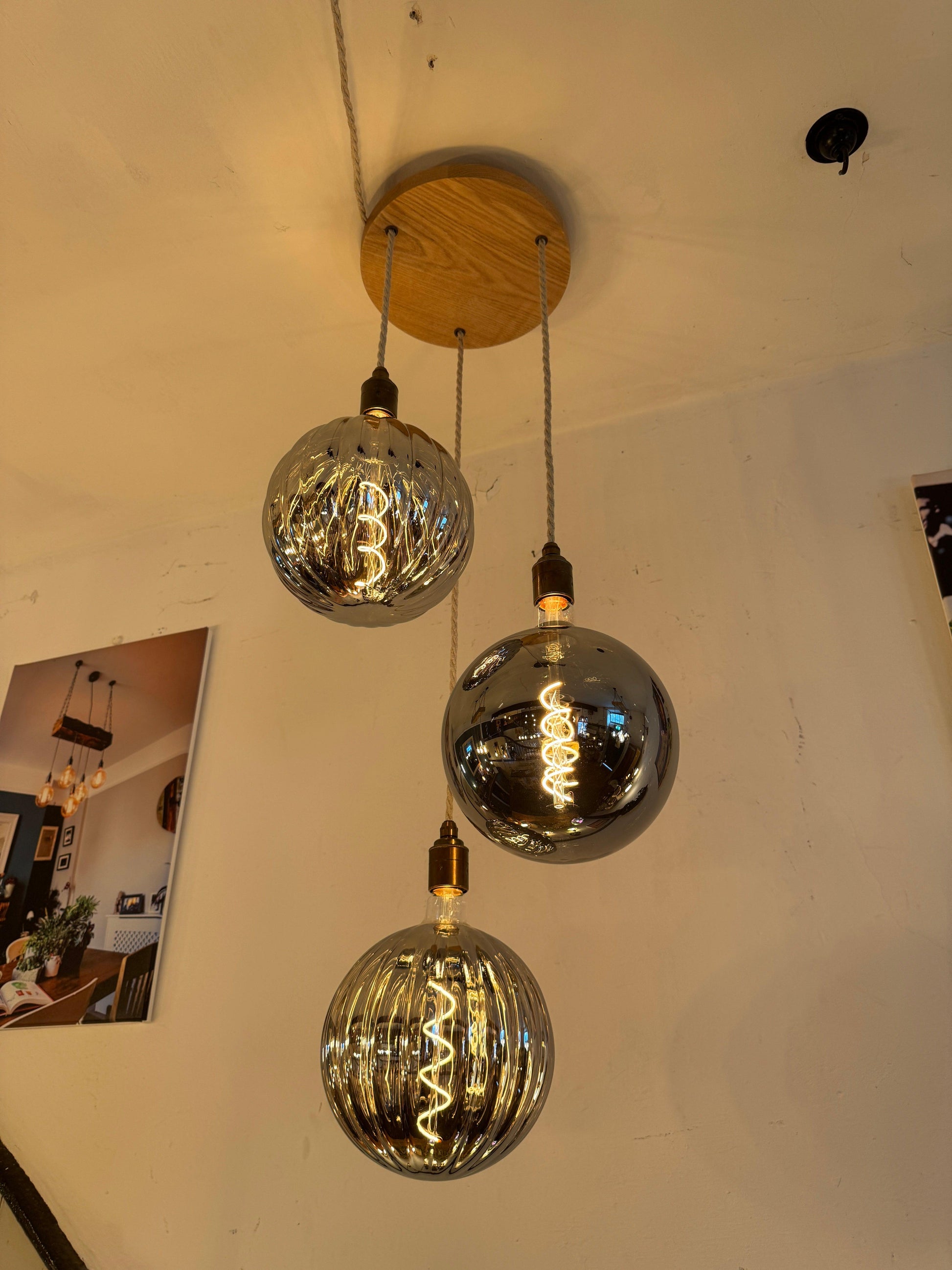 Triple Pendant Light with Oak Disc Canopy