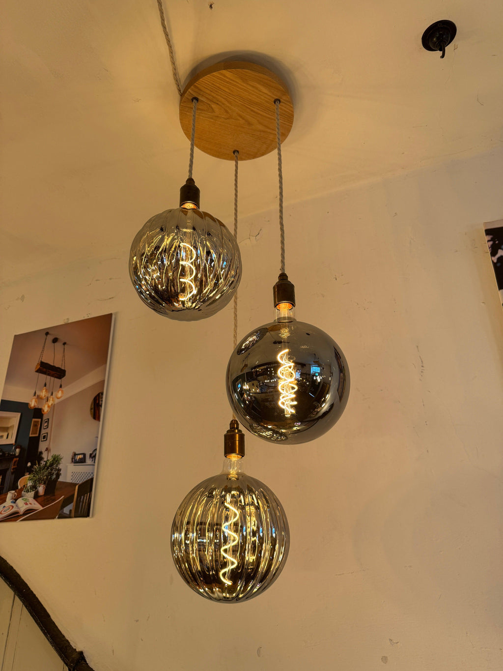 Triple Pendant Light with Oak Disc Canopy