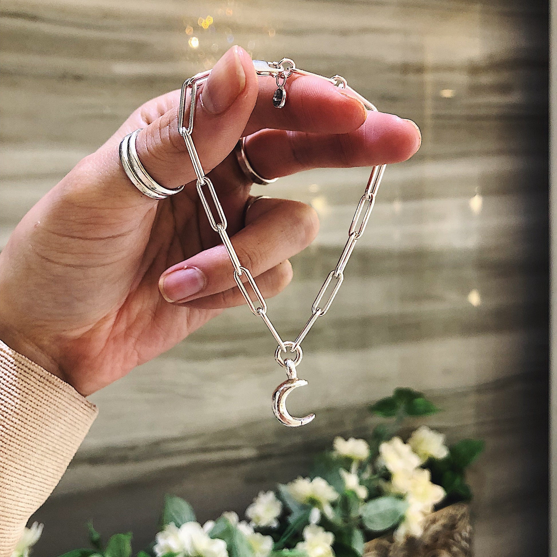 Crescent Moon Trace Chain Bracelet in Sterling Silver