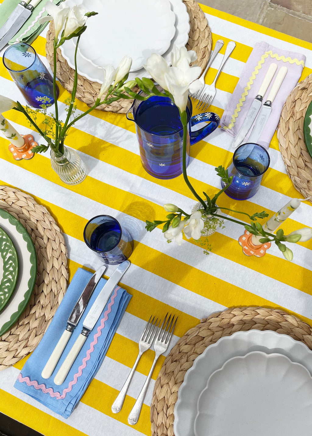 Blue and Coral Ric Rac Linen Napkin Set of 2