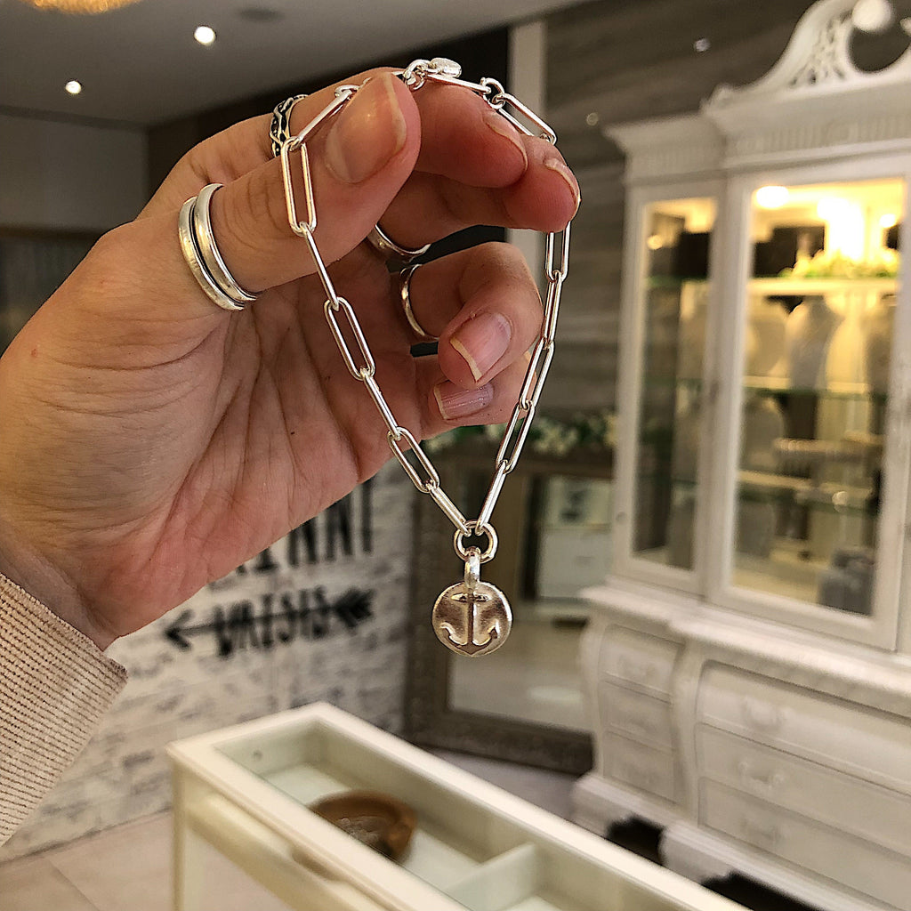 Sterling Silver Anchor Disc Trace Chain Bracelet