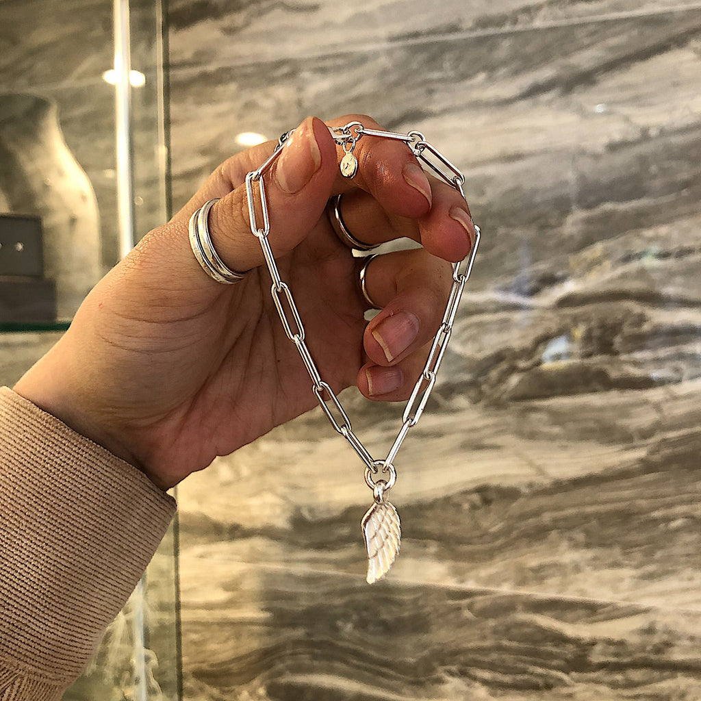 Angel Wing Trace Chain Bracelet in Sterling Silver