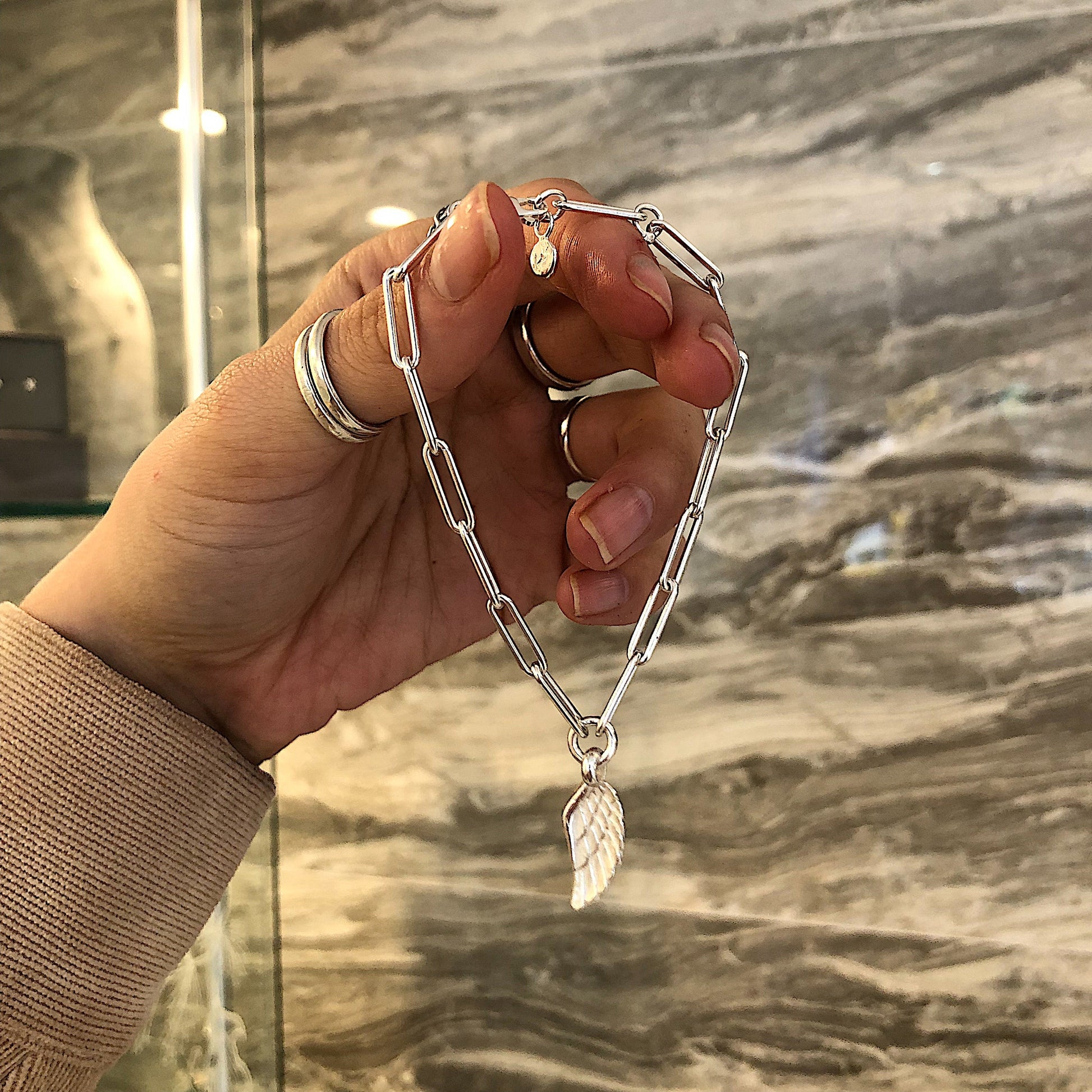 Angel Wing Trace Chain Bracelet in Sterling Silver