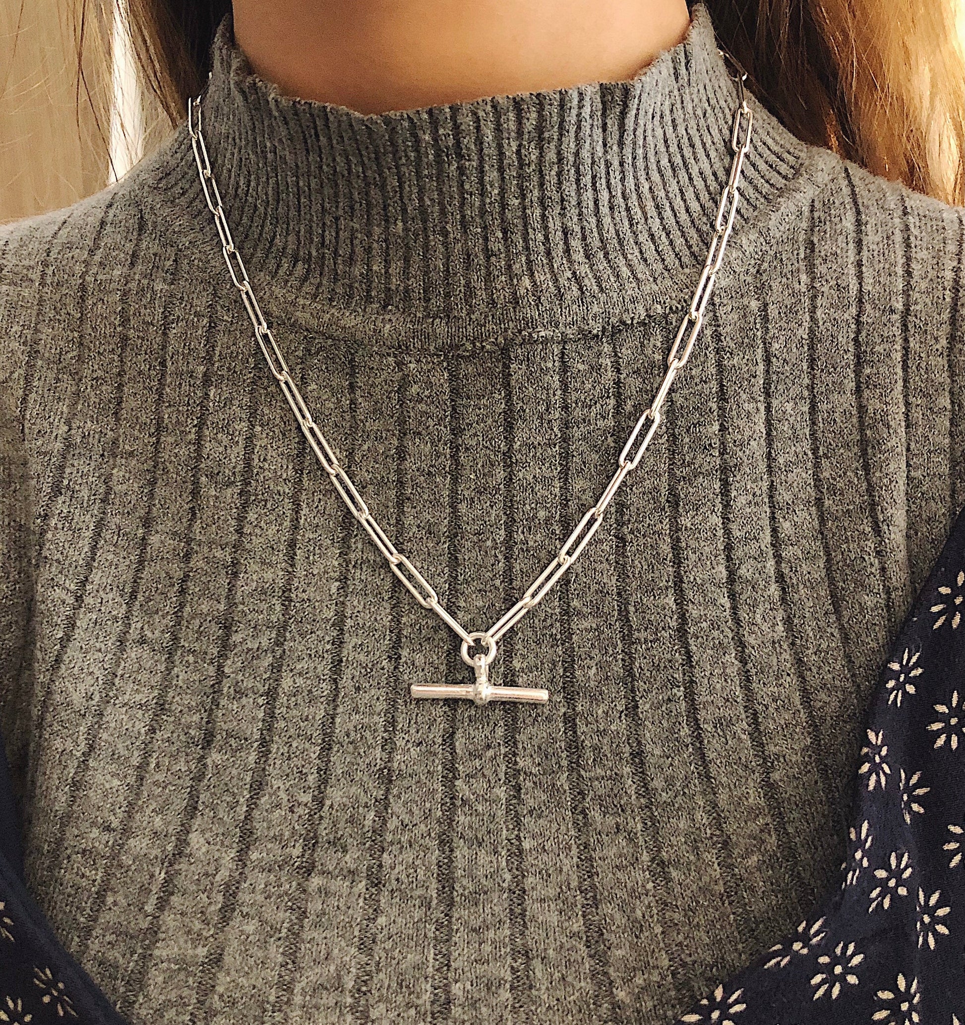 Sterling Silver T-Bar Trace Chain Necklace