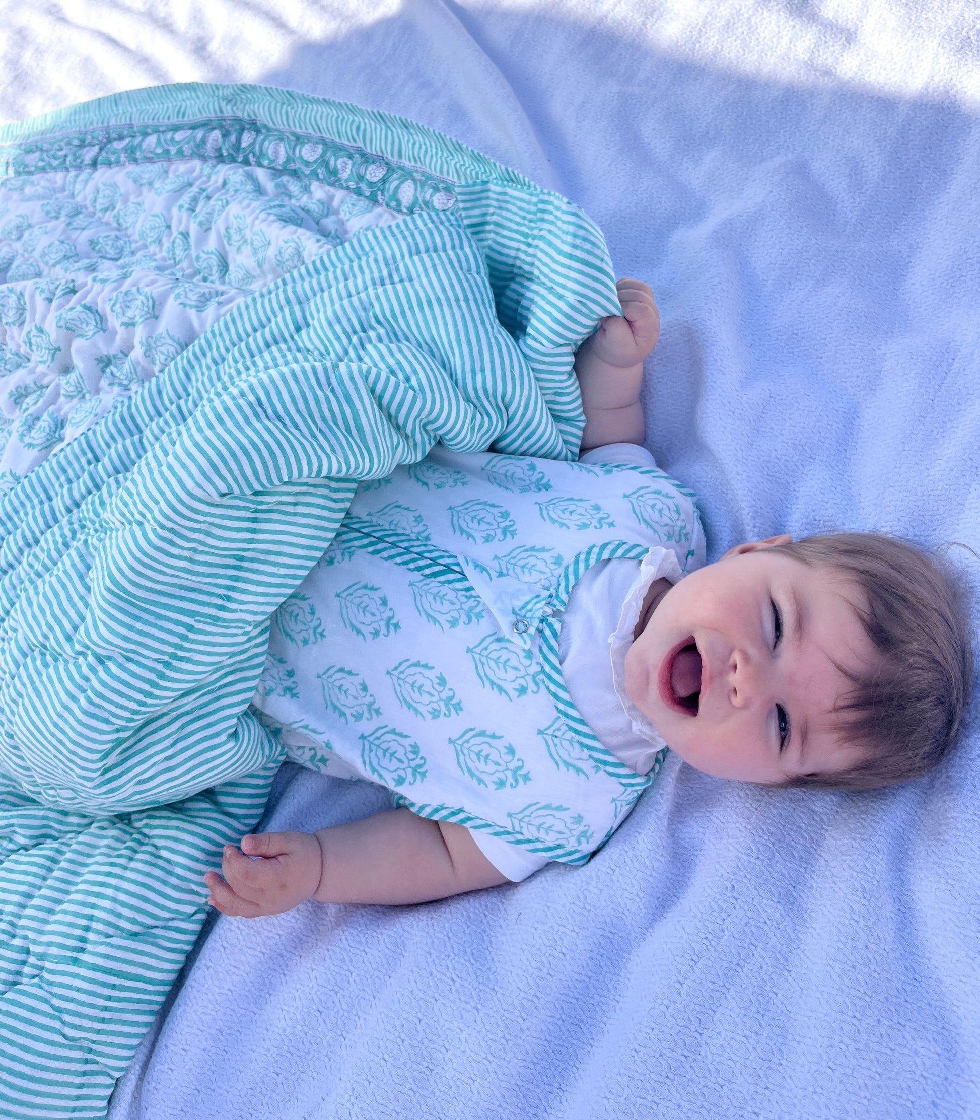 Sea Blue Hand Block Printed Baby Quilt