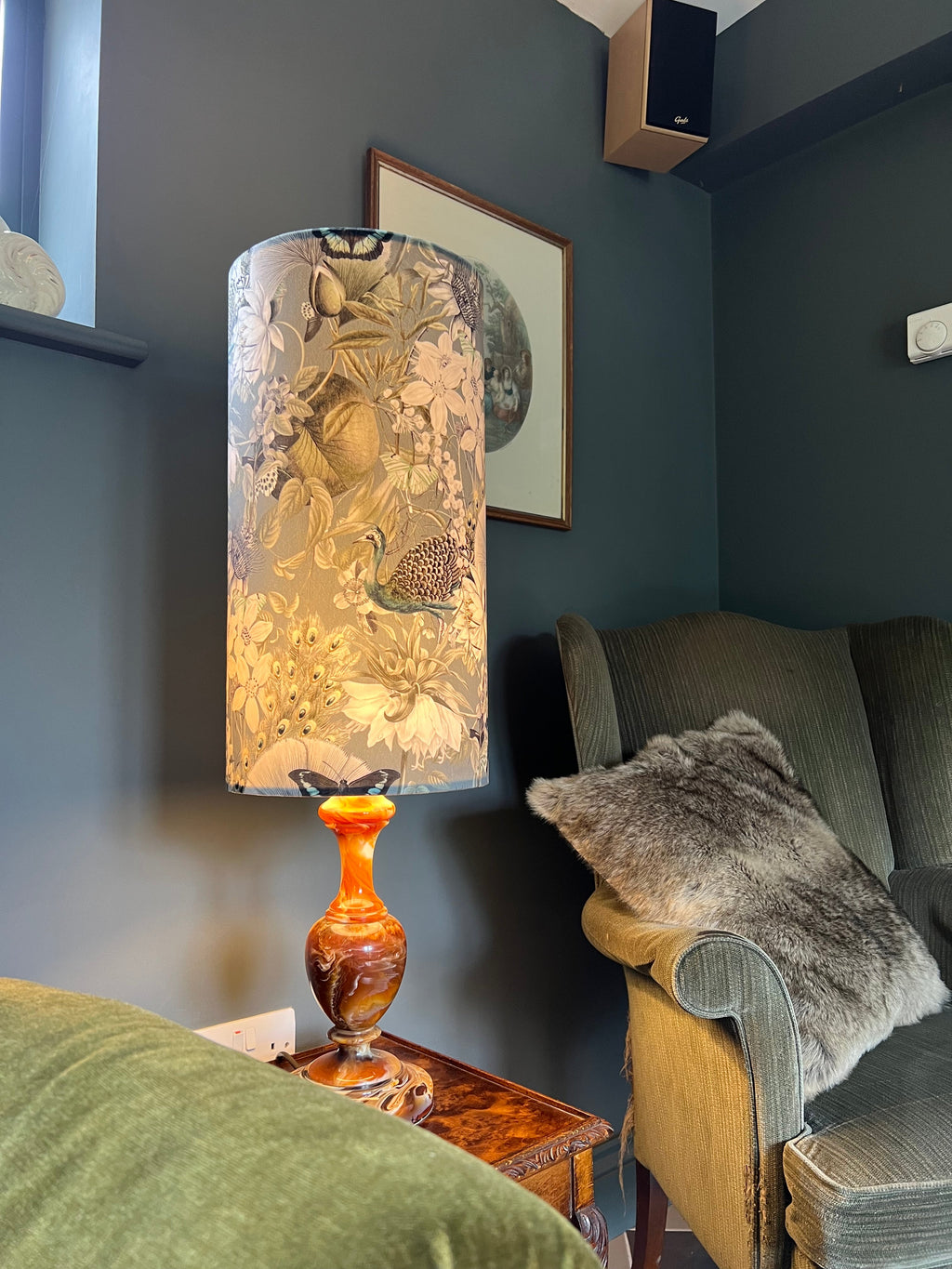Peacock, butterfly Velvet cylinder lampshade, in grey, extra tall lampshade
