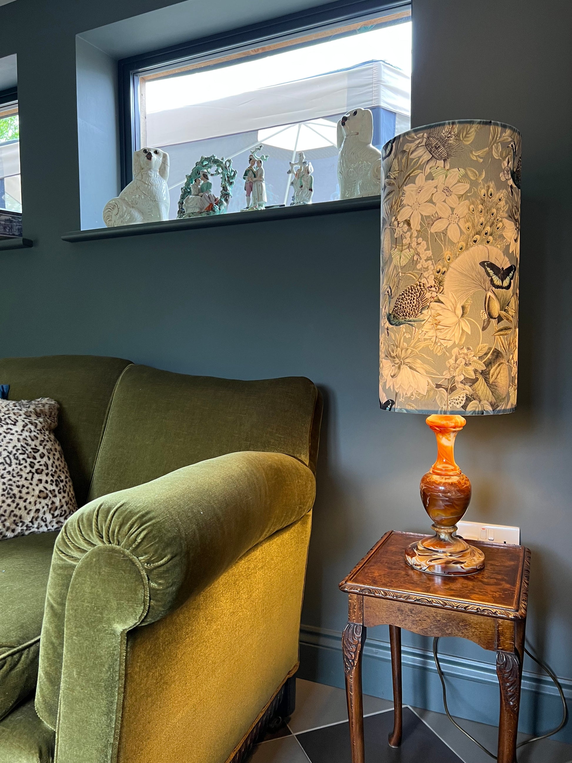 Peacock, butterfly Velvet cylinder lampshade, in grey, extra tall lampshade