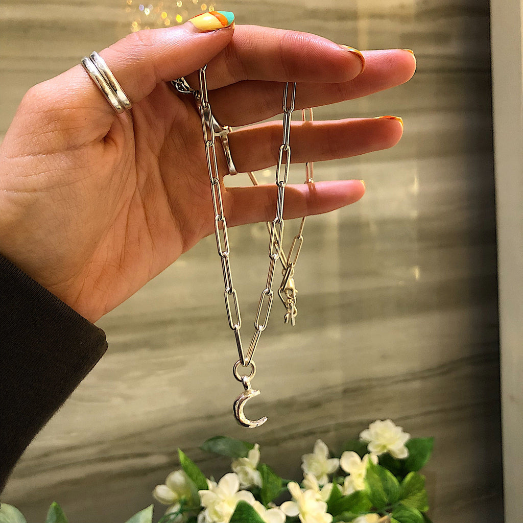 Crescent Moon Trace Chain Necklace in Sterling Silver