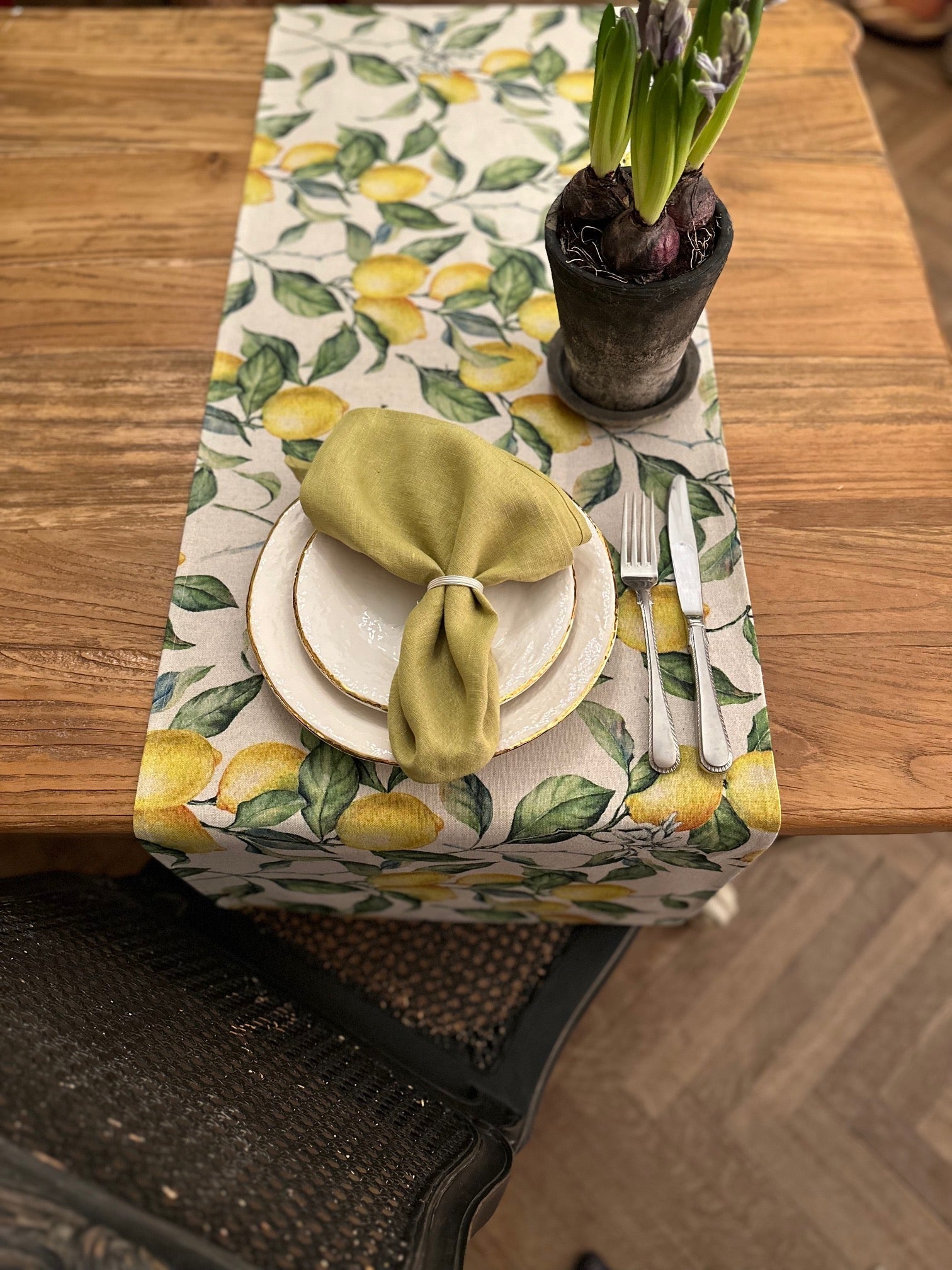 Brighten Your Dining Space with the Lemon Linen Table Runner by Hortensias Home at www.brixbailey.com