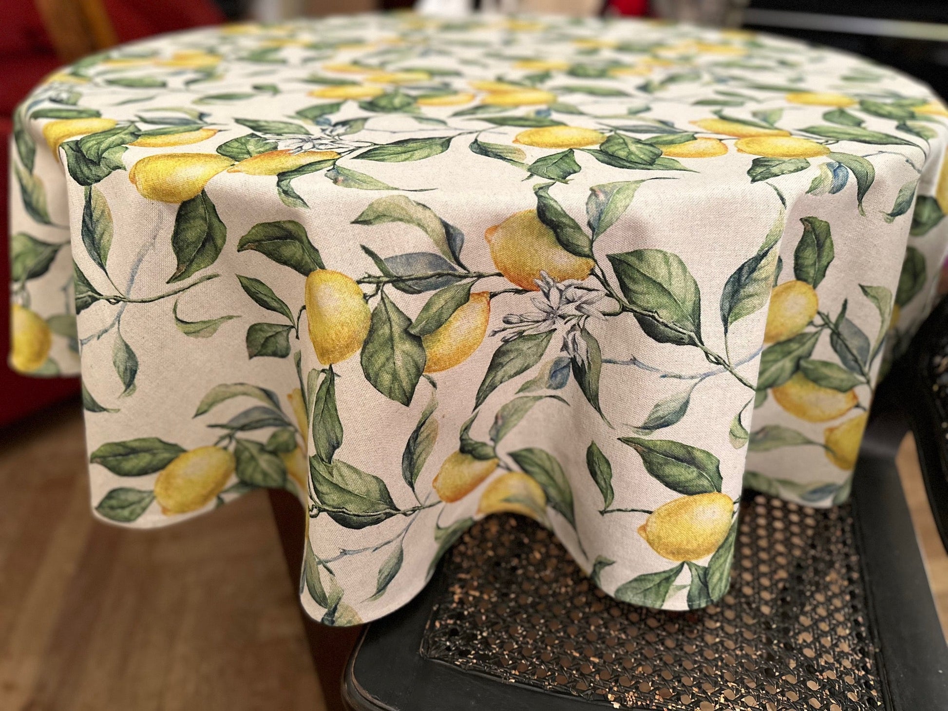 Lemon Linen Round Tablecloth – Festive & High-Quality European Design by Hortensias Home at www.brixbailey.com