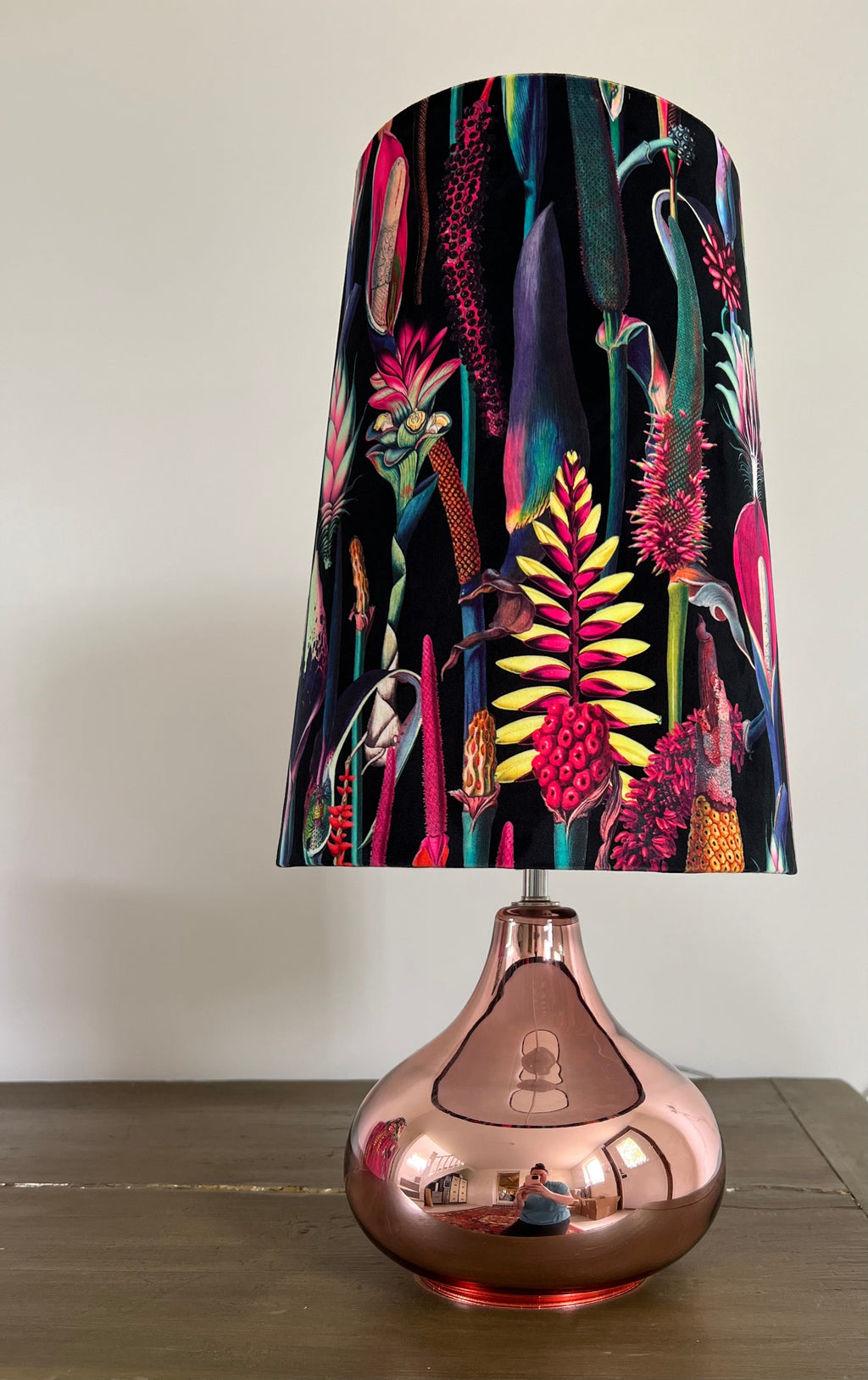 Botanical black velvet cone lampshade, extra tall lampshade