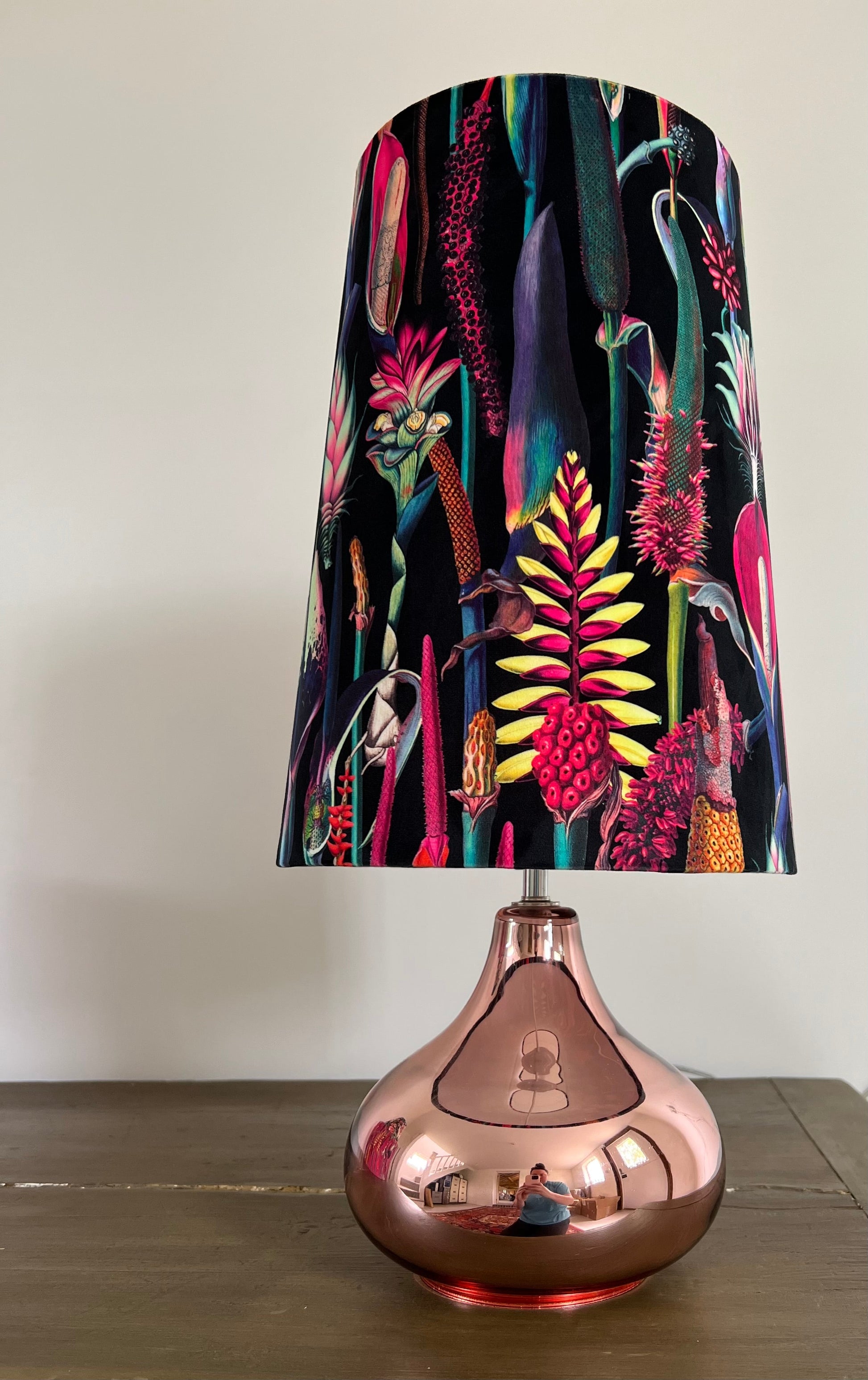 Botanical black velvet cone lampshade, extra tall lampshade