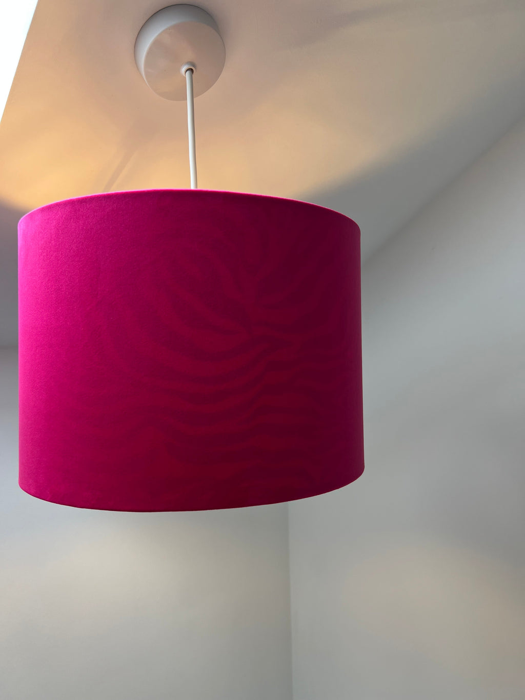 Cerise pink velvet drum lampshade/ ceiling light shade with zebra print cotton interior