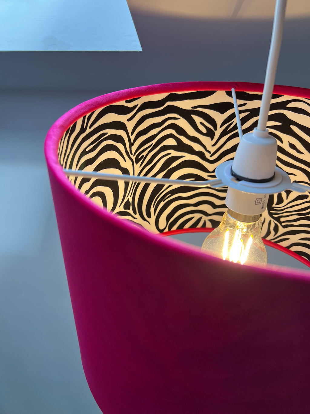 Cerise pink velvet drum lampshade/ ceiling light shade with zebra print cotton interior