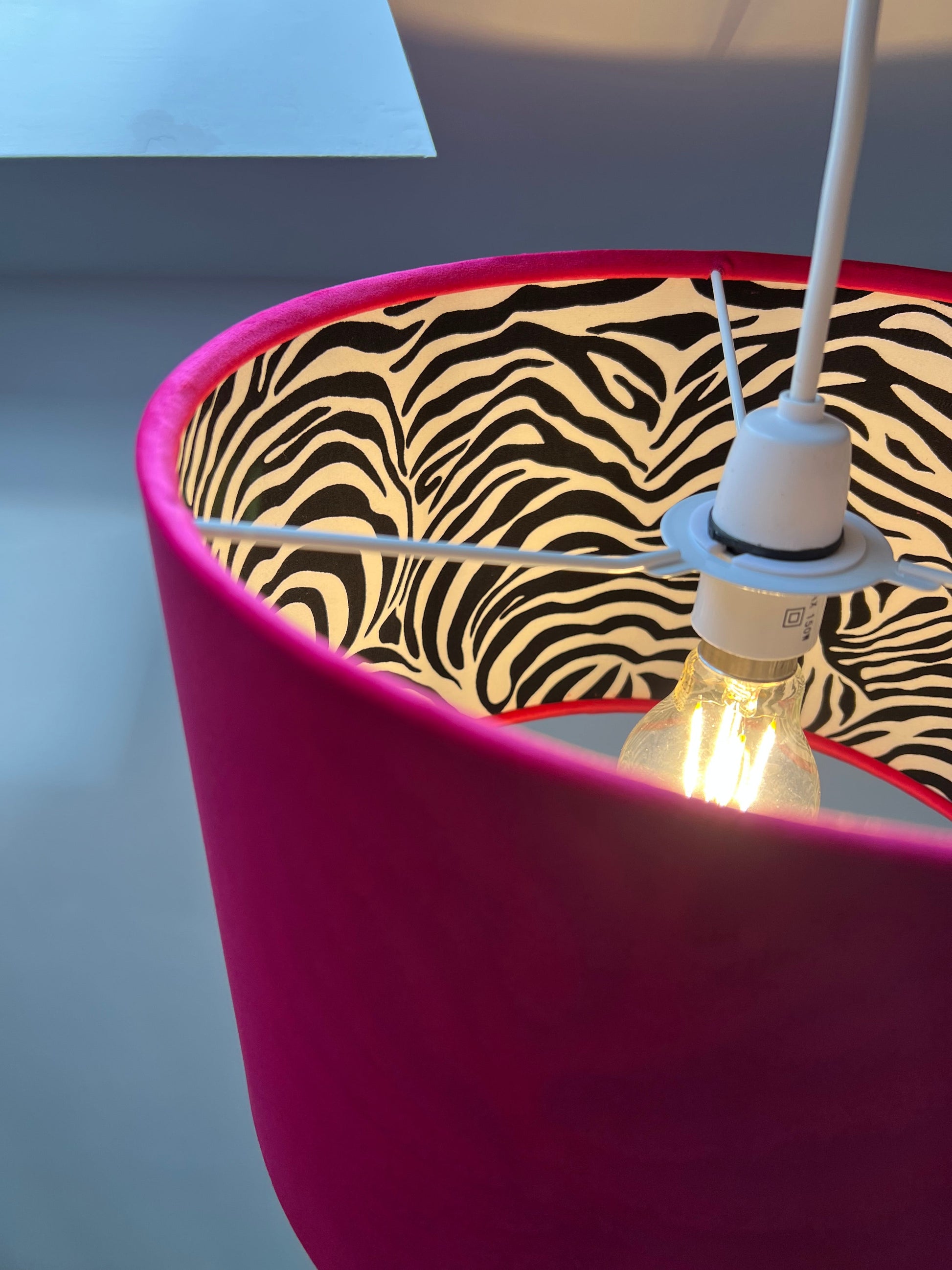 Cerise pink velvet drum lampshade/ ceiling light shade with zebra print cotton interior
