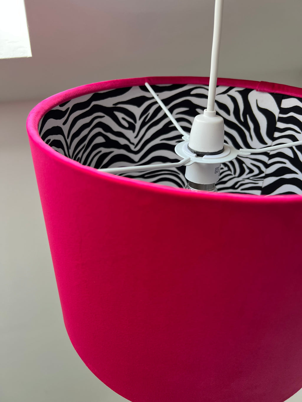 Cerise pink velvet drum lampshade/ ceiling light shade with zebra print cotton interior