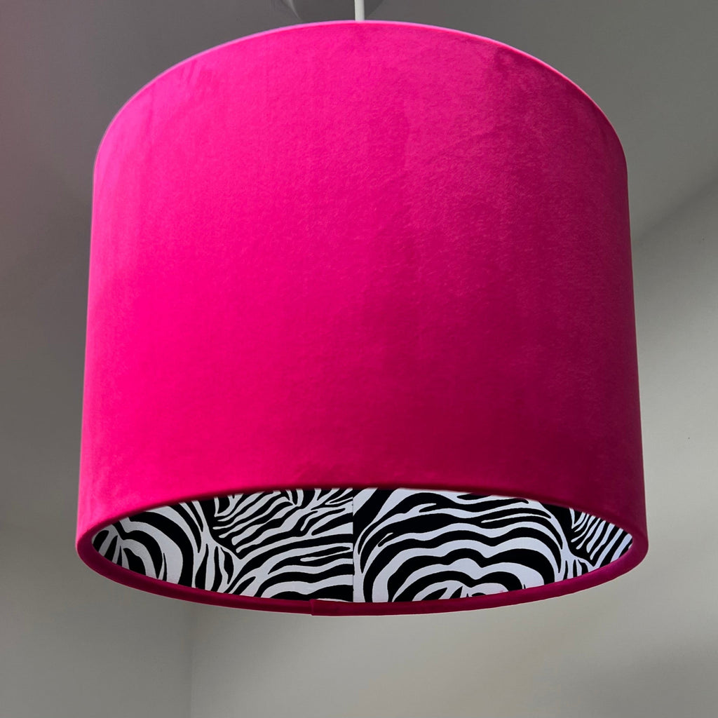 Cerise pink velvet drum lampshade/ ceiling light shade with zebra print cotton interior