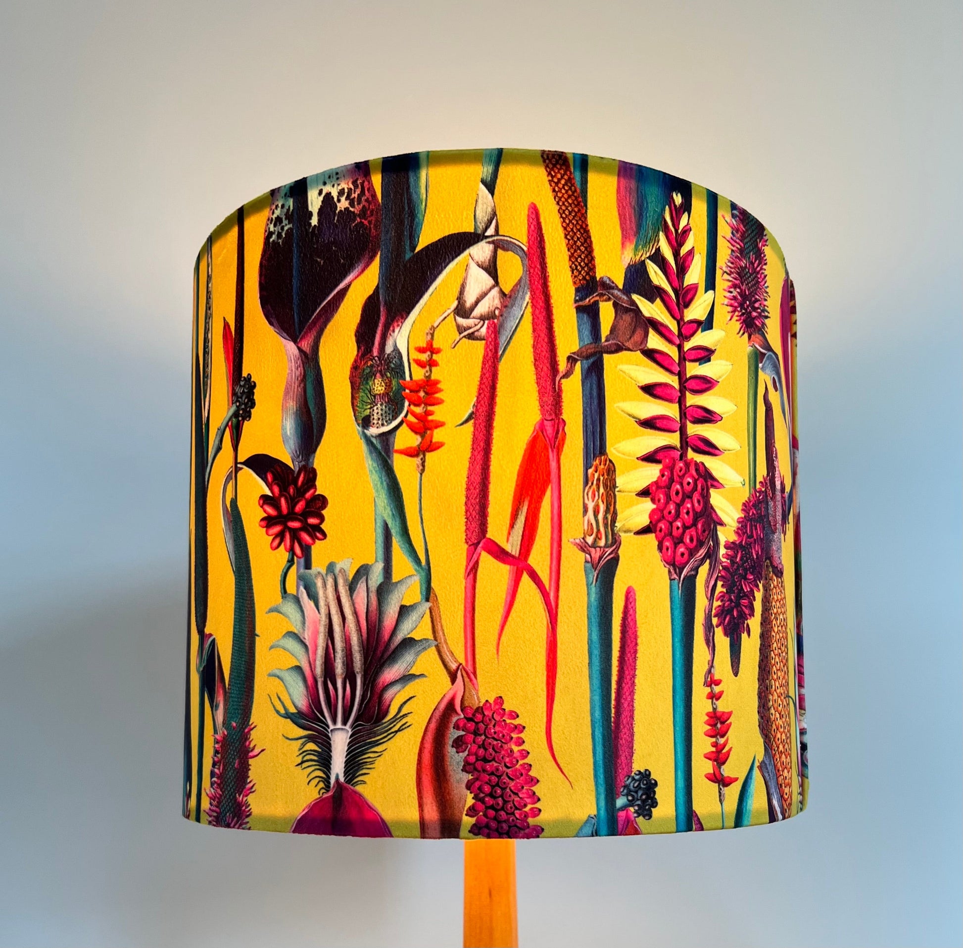 Mustard botanical velvet drum lampshade / ceiling shade, with a white lining