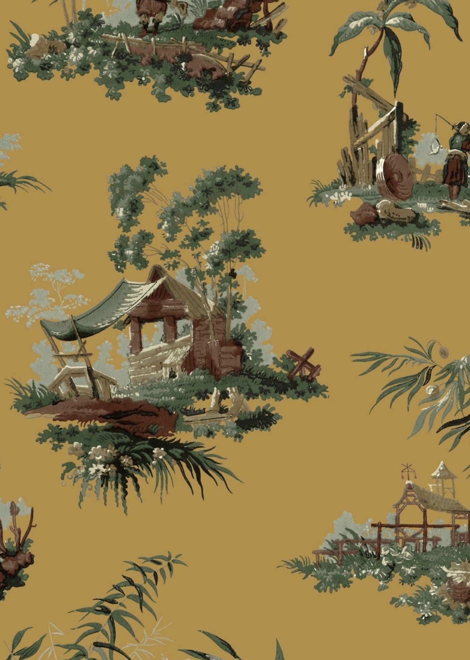Vintage Oriental Wallpaper in Ochre