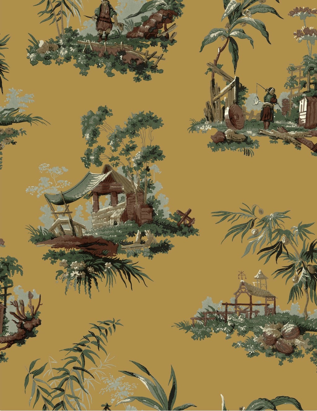 Vintage Oriental Wallpaper in Ochre