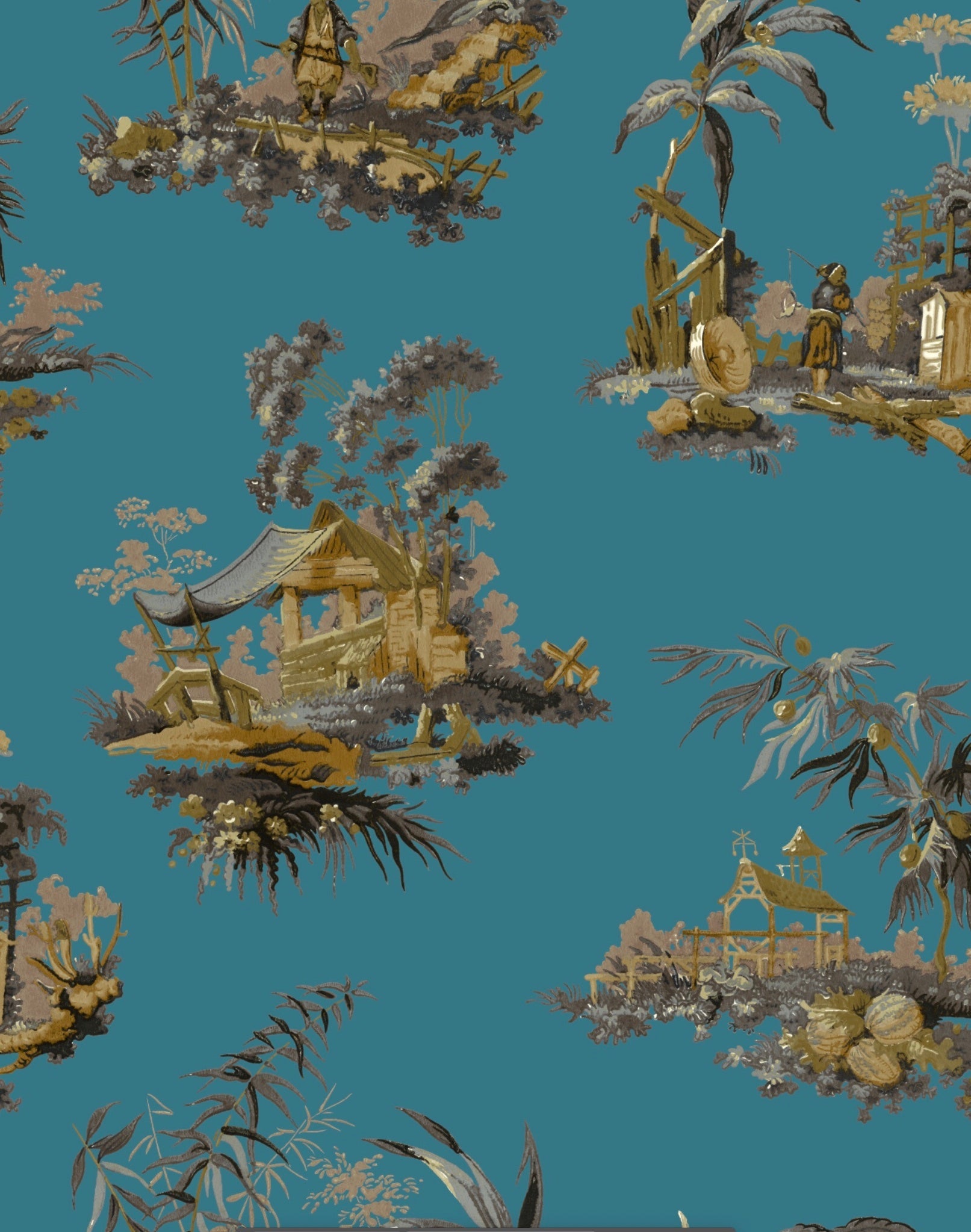 Vintage Oriental Wallpaper in Turquoise