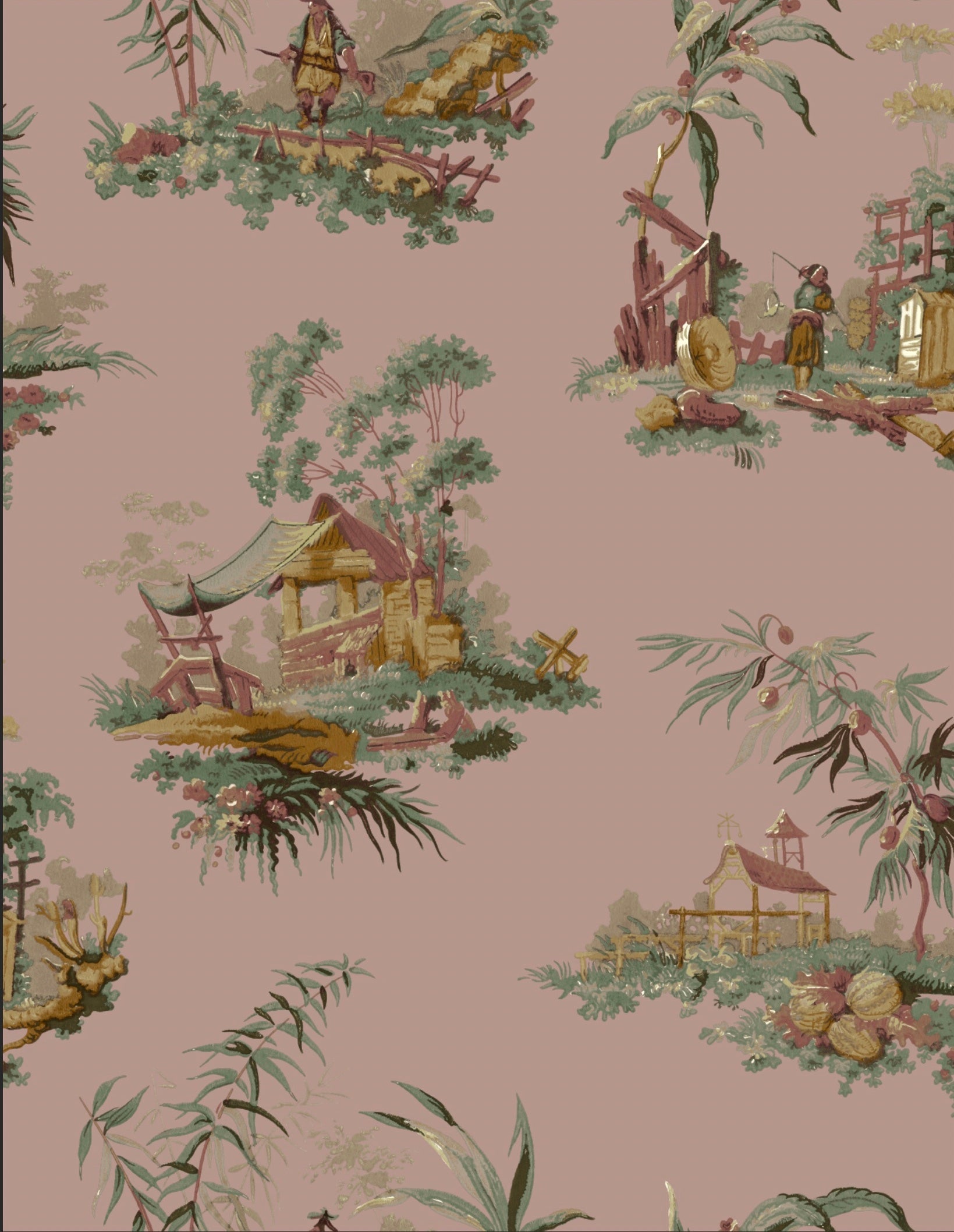 Vintage Oriental Wallpaper in Rose