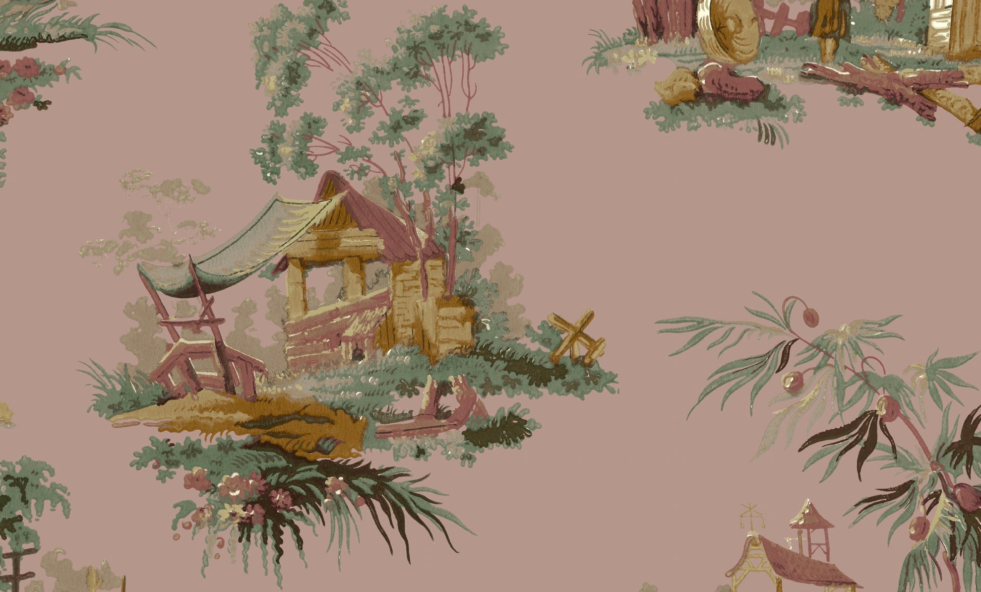 Vintage Oriental Wallpaper in Rose