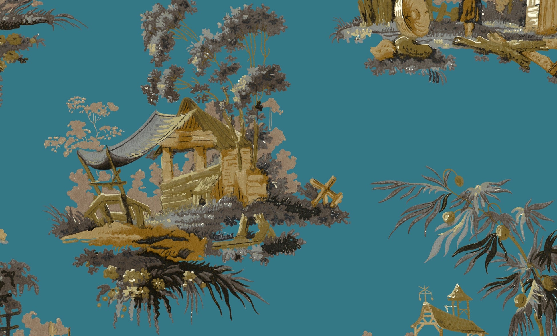 Vintage Oriental Wallpaper in Turquoise