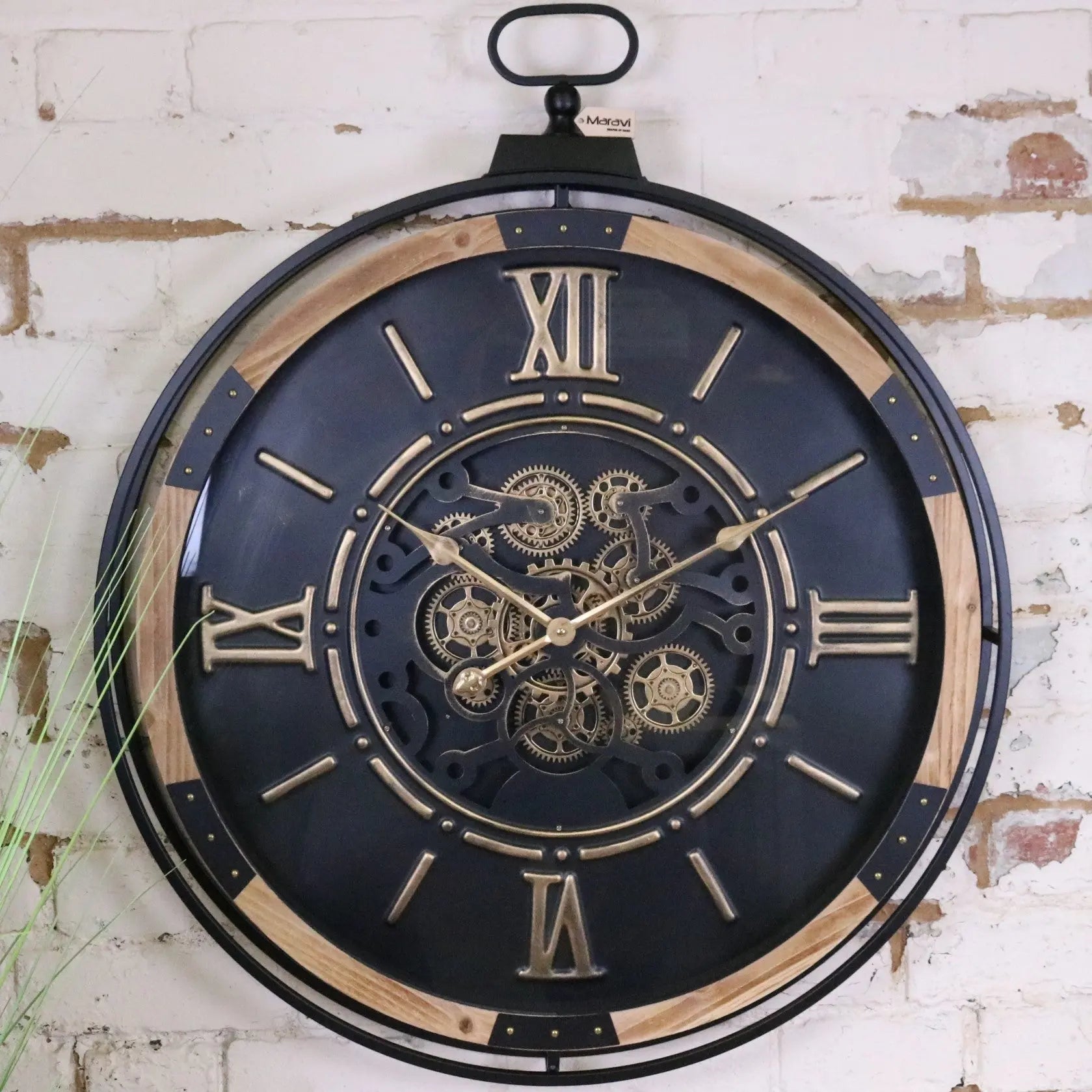 Extra Large Industrial Cog Clock Black Gold and Wood