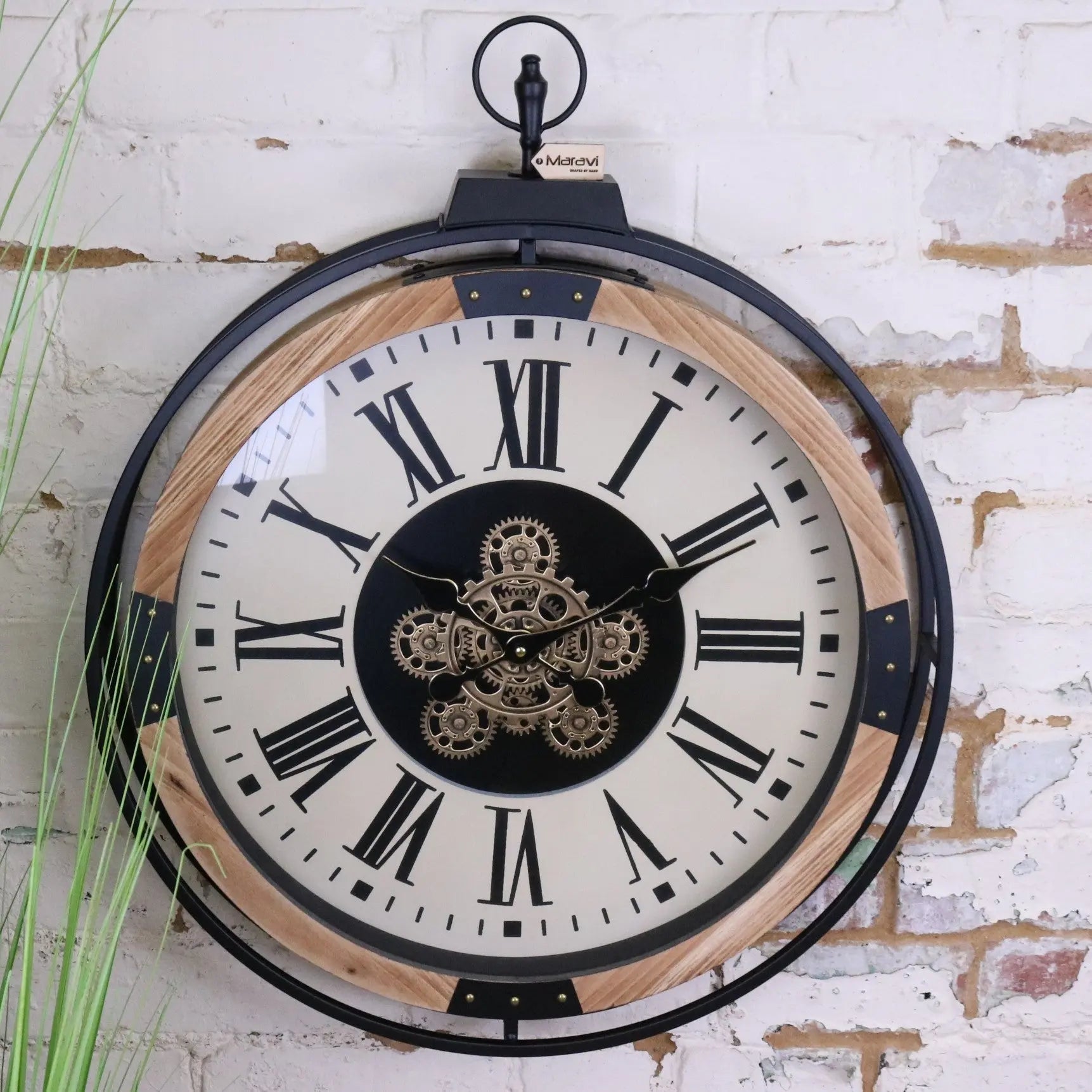 Large Industrial Cog Wall Clock in White Gold and Wood