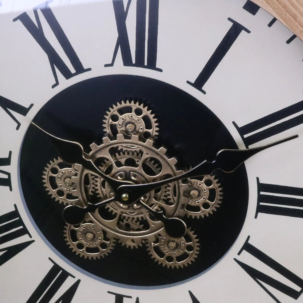 Large Industrial Cog Wall Clock in White Gold and Wood