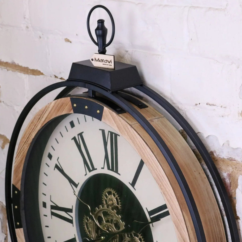 Large Industrial Cog Wall Clock in White Gold and Wood
