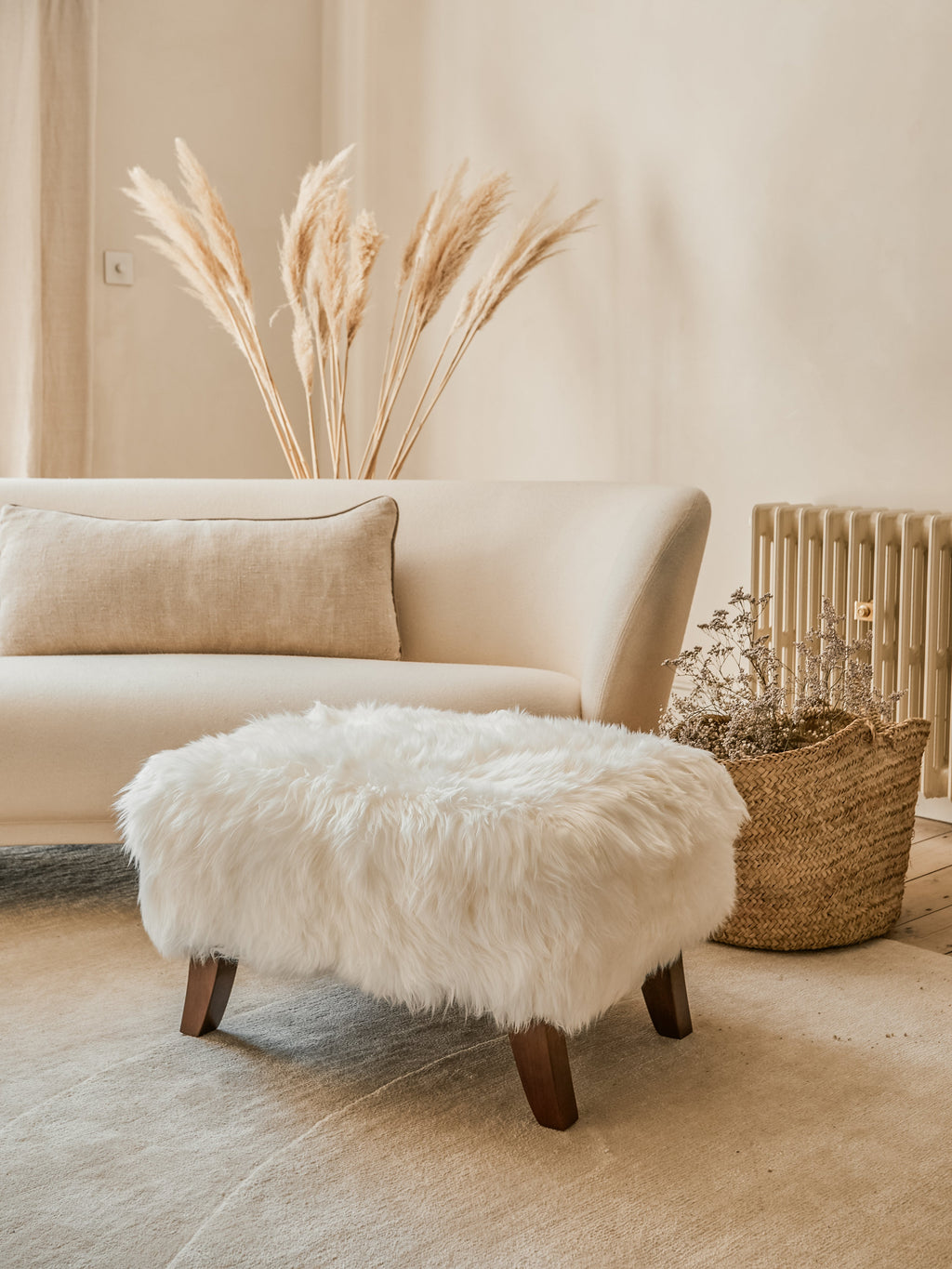 Pure White Sheepskin Stool with Wood Legs