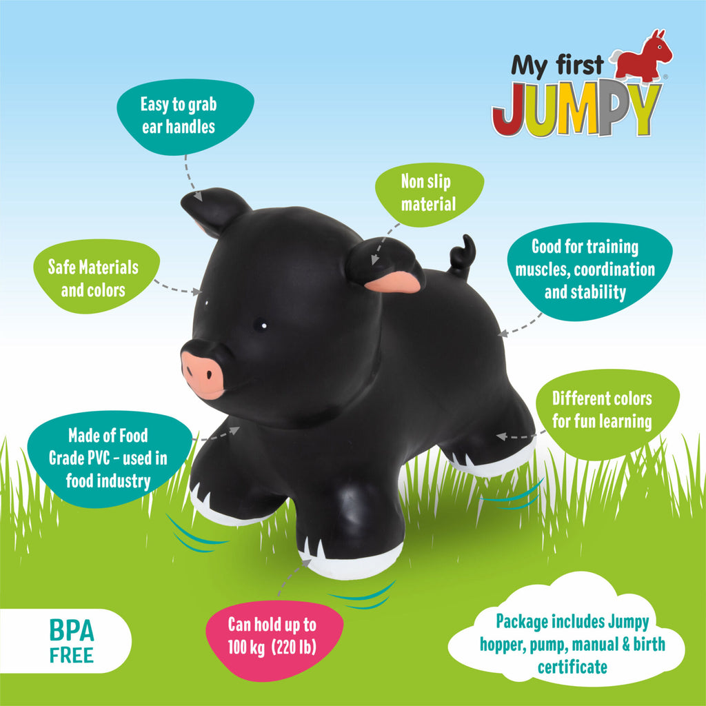 black piggy jumpy toy with hand pump and birth certificate for easy setup and play