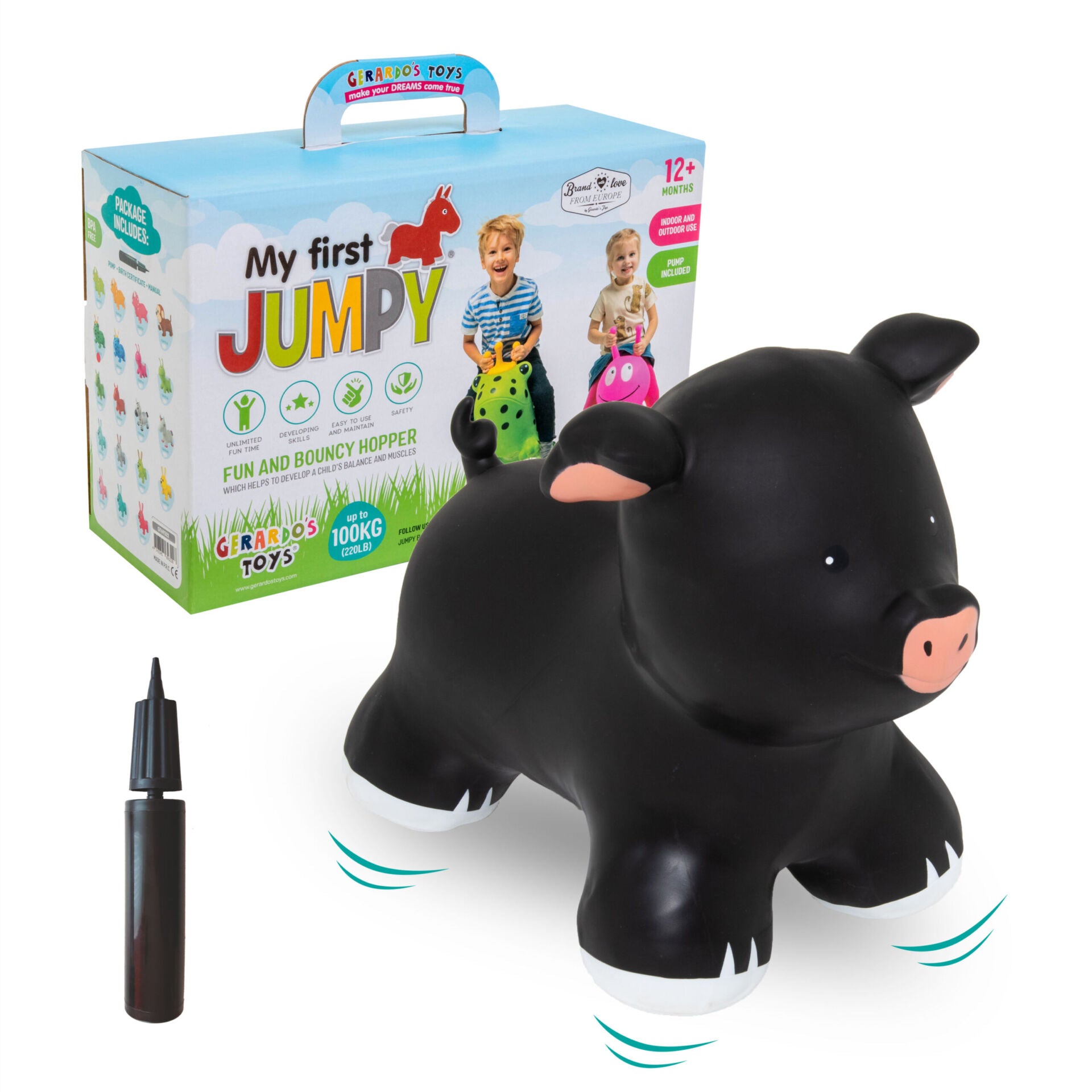 elegant black piggy jumpy toy on a soft grey background, showcasing its refined design for developmental play