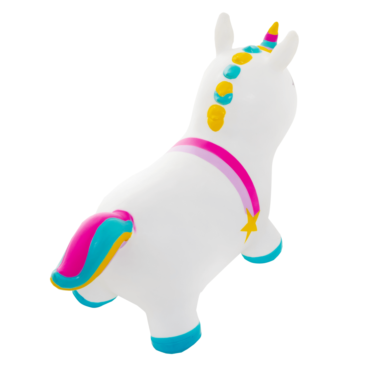a toddler laughing while bouncing on a magical unicorn hopper toy in a sunny garden