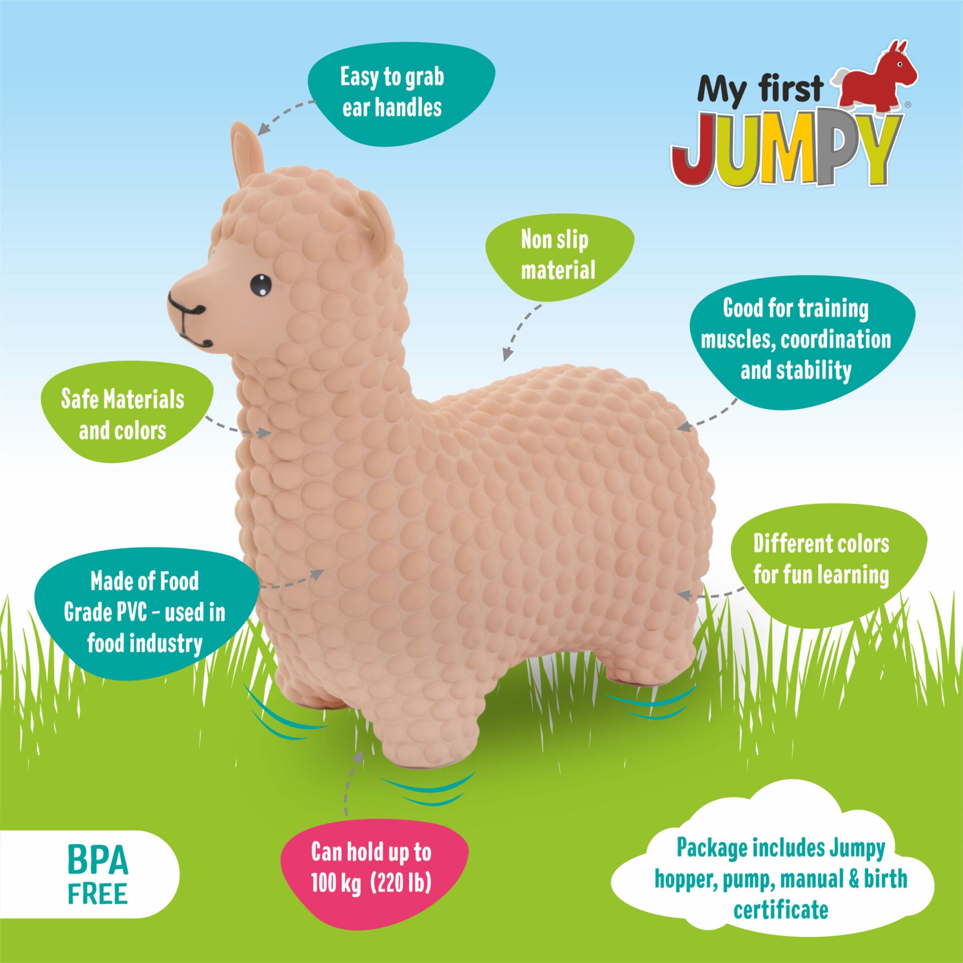 elegant beige alpaca jumpy hopper on a minimalist background, showcasing its refined plush texture
