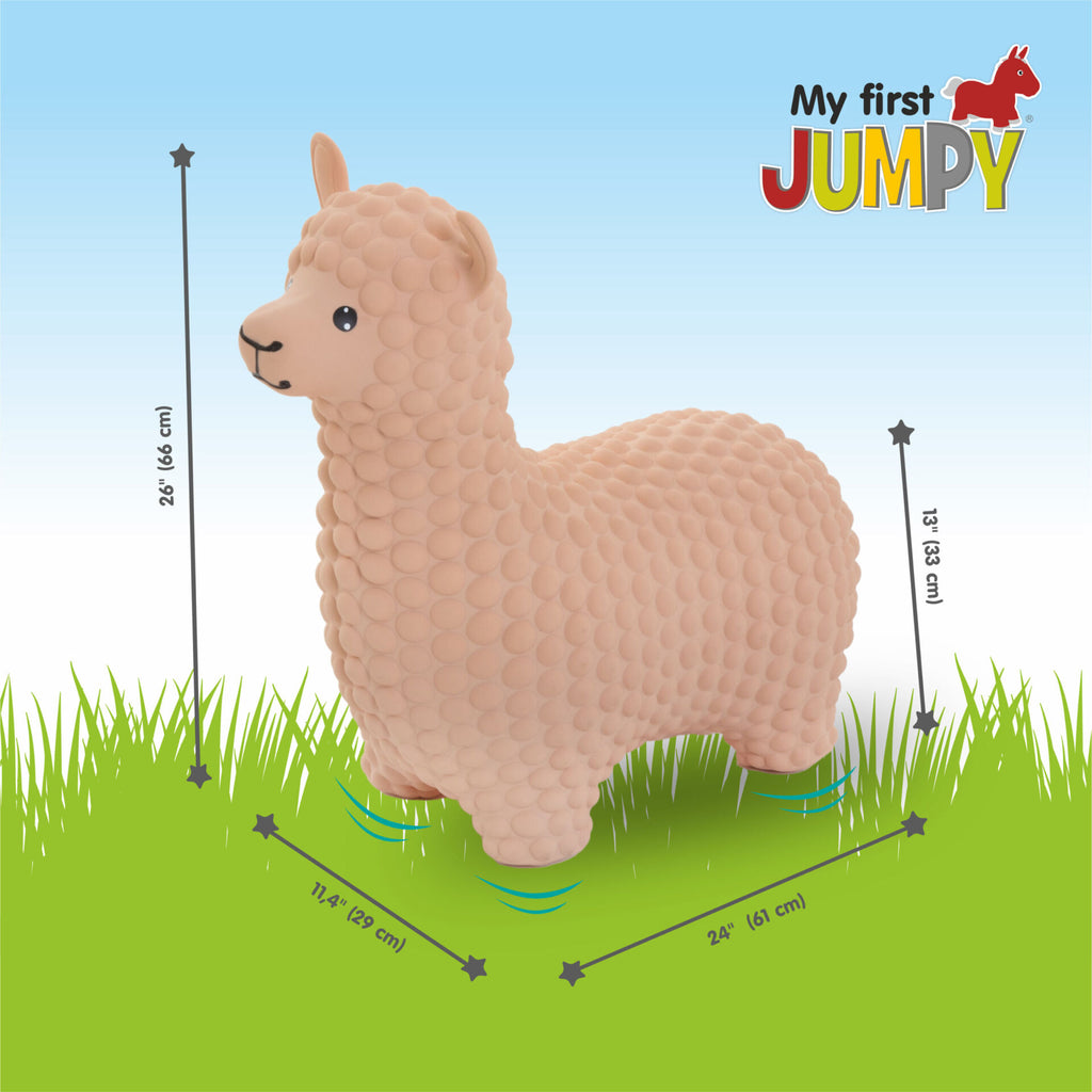 playful beige alpaca jumpy hopper bouncing in a sunny garden with a smiling toddler