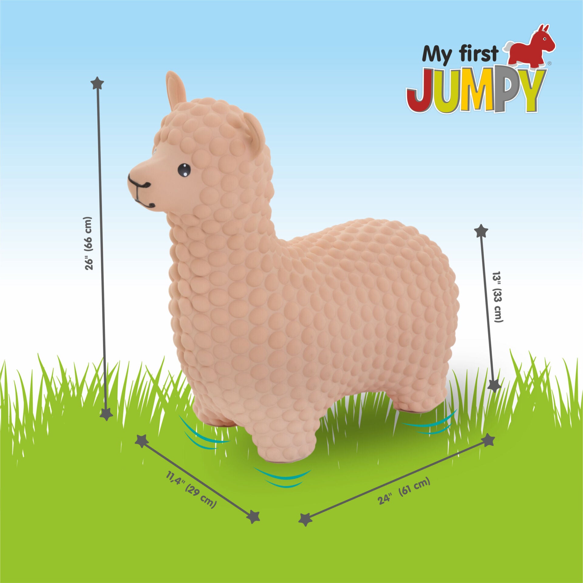 playful beige alpaca jumpy hopper bouncing in a sunny garden with a smiling toddler