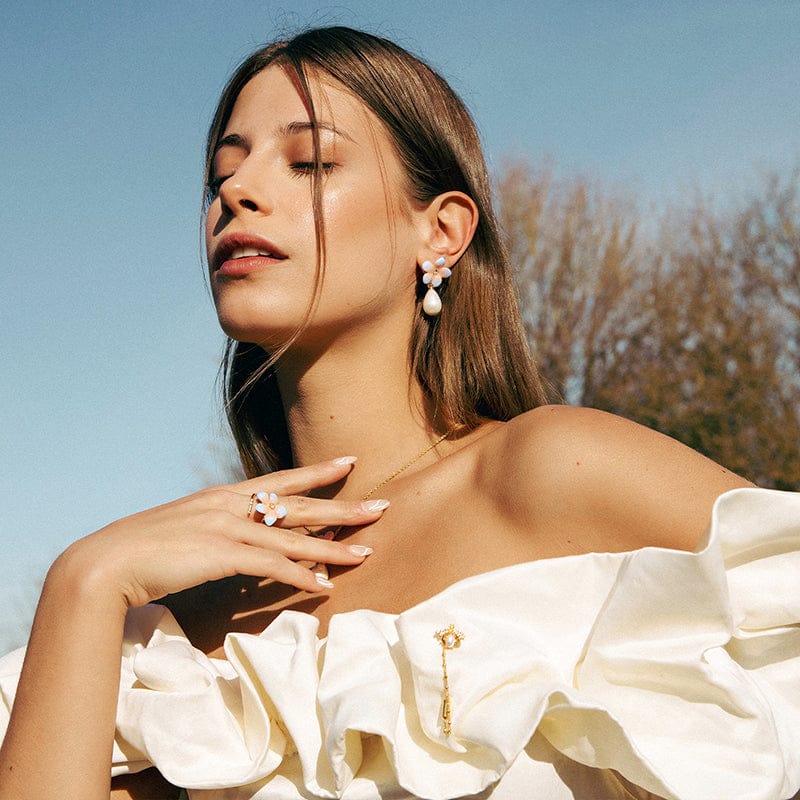 Peach Lily Flower Pearl Drop Earrings in Gold