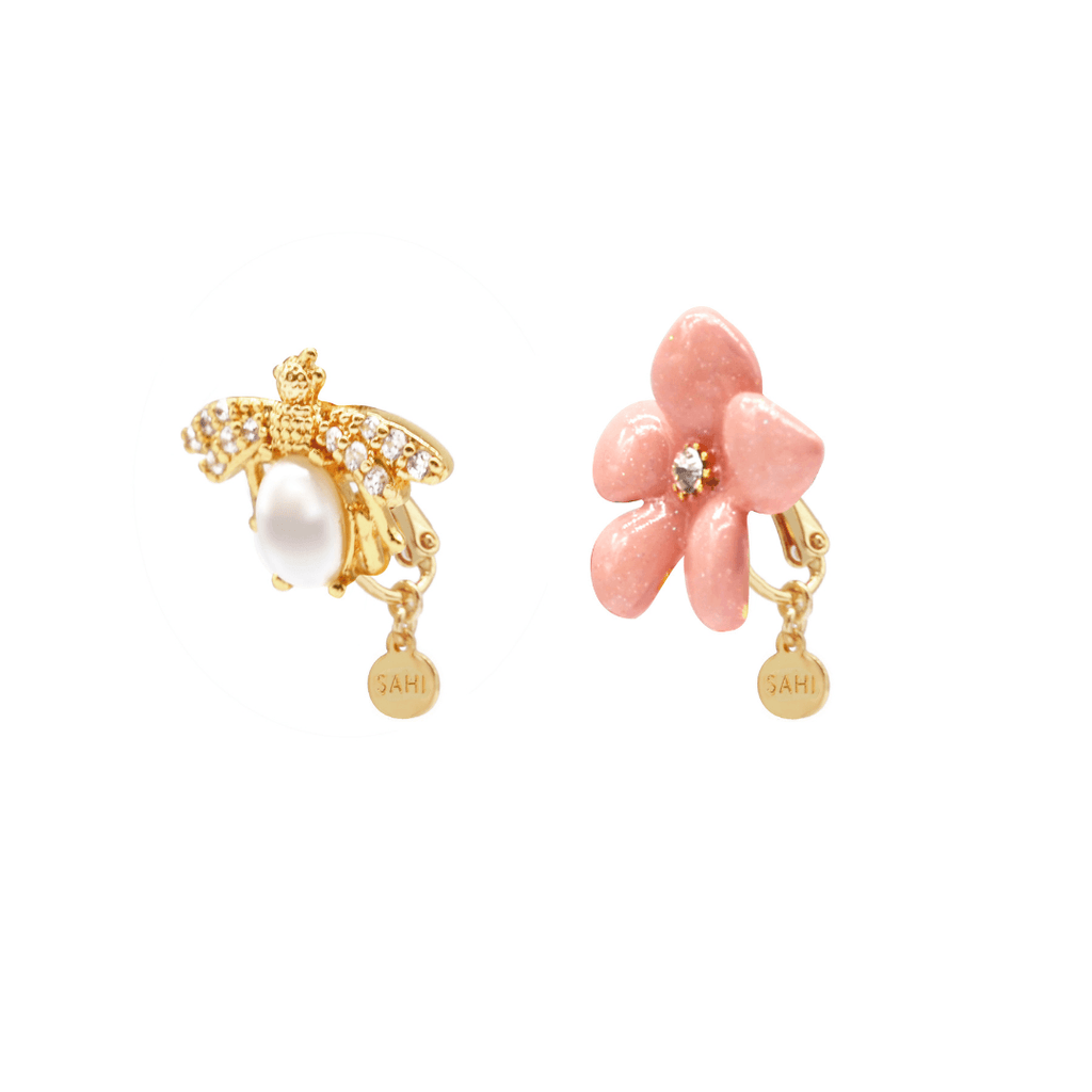 Gold Plated Peach Lily Flower and Pearl Bee Stud Earrings