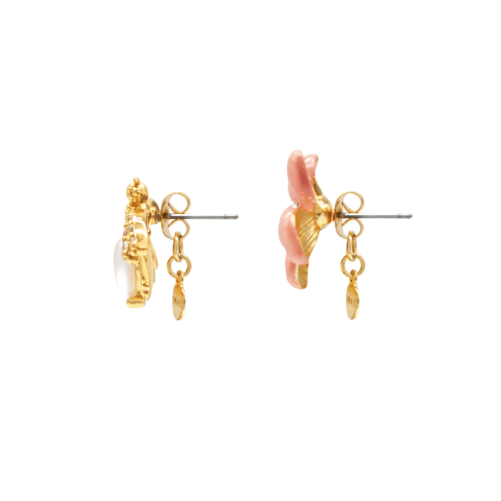 Gold Plated Peach Lily Flower and Pearl Bee Stud Earrings