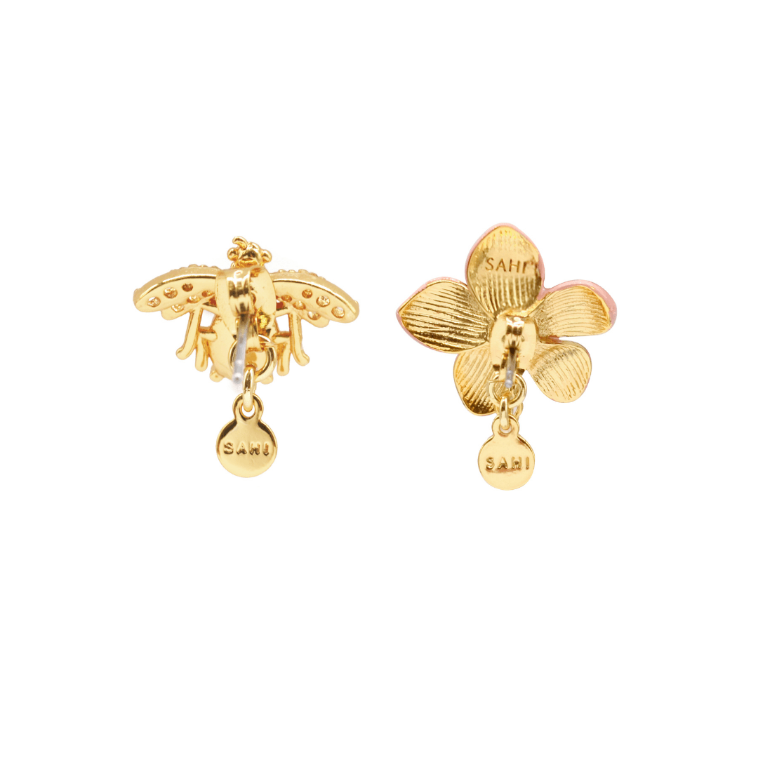 Gold Plated Peach Lily Flower and Pearl Bee Stud Earrings