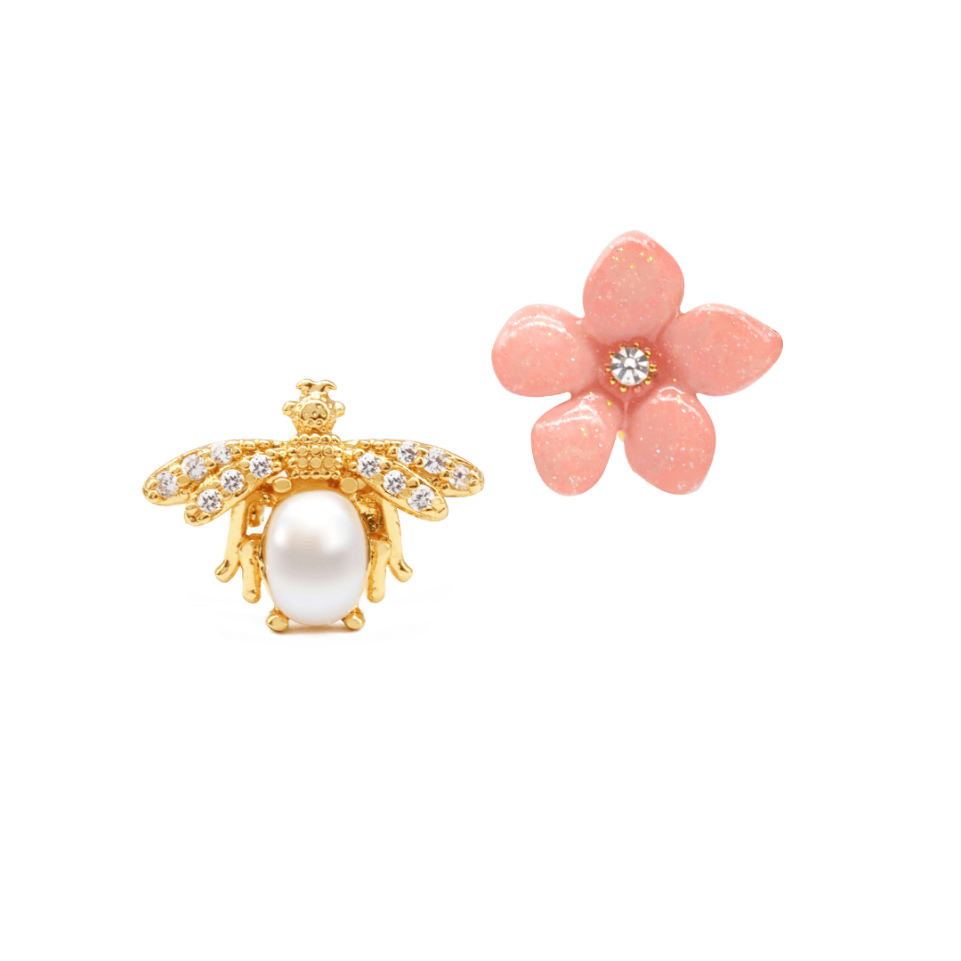 Gold Plated Peach Lily Flower and Pearl Bee Stud Earrings