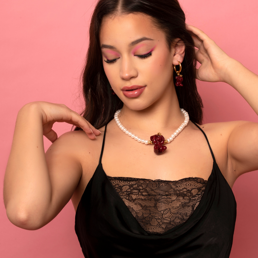 Red Bear Pendant Necklace with Camellia