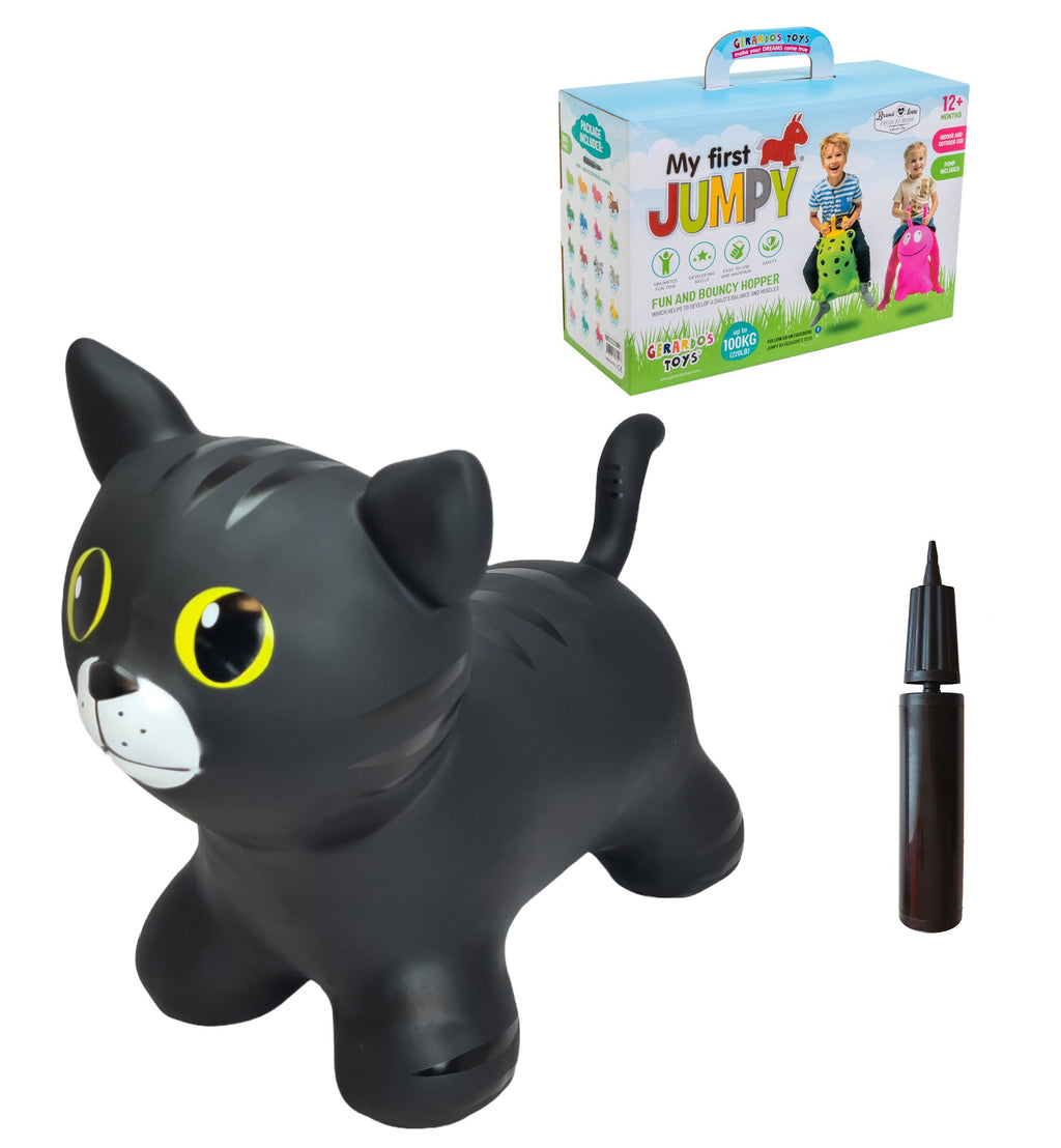 soft black cat jumpy toy for toddlers on a cozy nursery rug