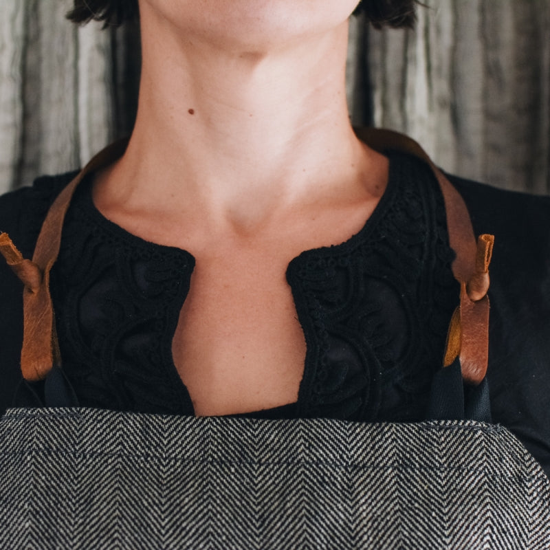 Herringbone Linen Apron with Leather Details – Stylish & Sustainable by KOOSdisain at www.brixbailey.com